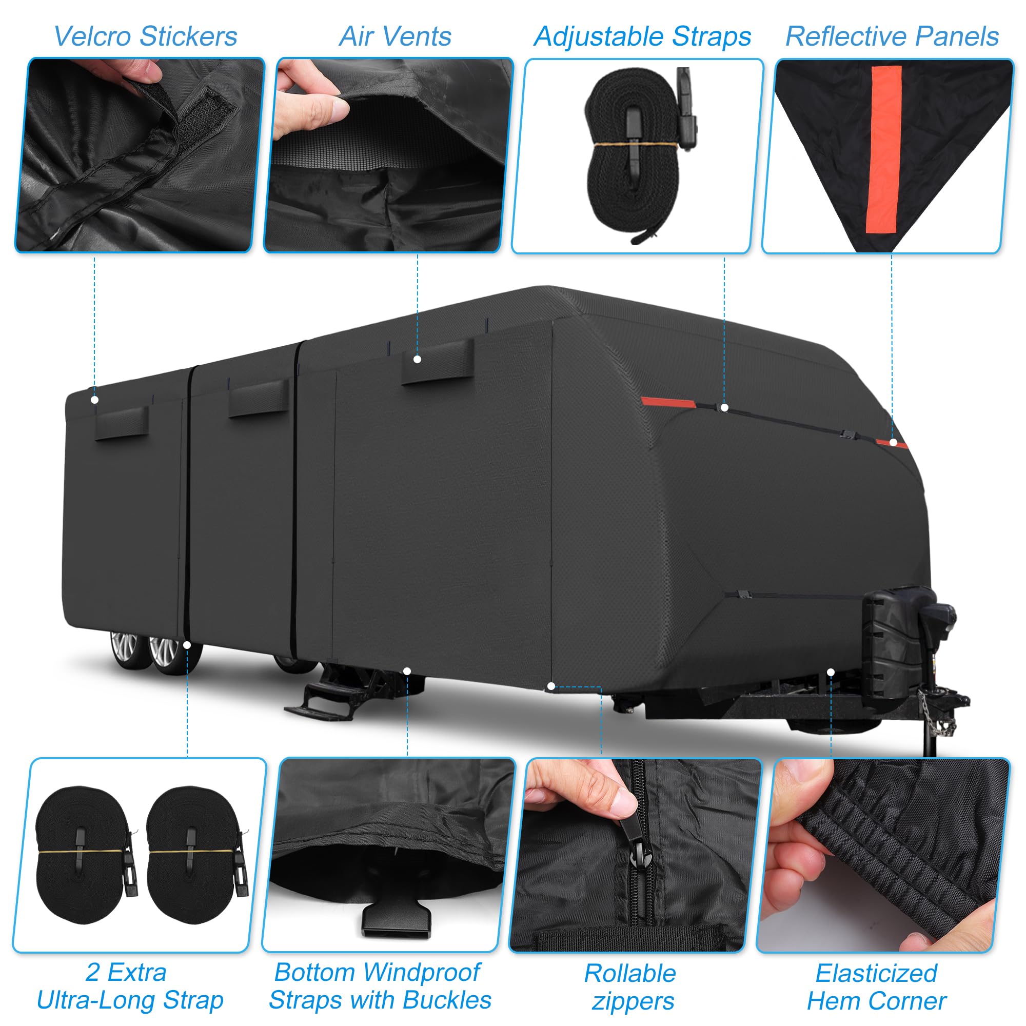 uxcell Waterproof RV Cover for 20'-22' Travel Trailers - Windproof, Anti-UV Camper Cover with Extra Windproof Ropes & Gutter Covers - All Season Protection (Black) - Perfect for Outdoor Storage, Camping & Travel