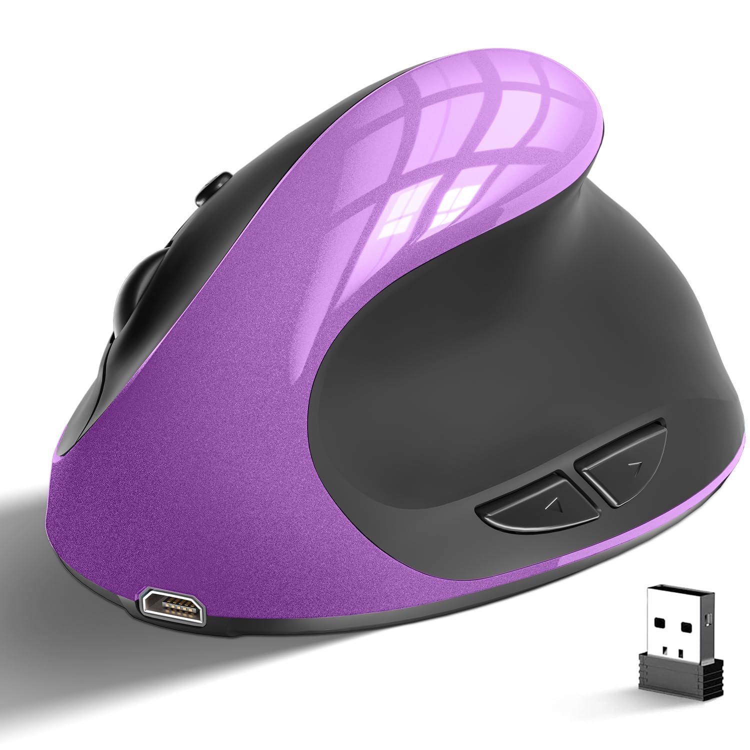 Ergonomic Vertical Wireless Mouse for Right Hand - 2.4GHz USB, 6 Buttons, Adjustable DPI 800/1200/1600 - Comfortable Small Mouse for PC, Laptop, Mac (Purple) - Perfect for Office Work, Gaming & Long Computer Sessions