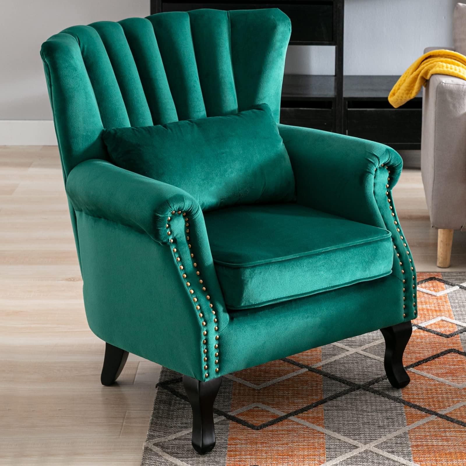 Midcentury Modern Accent Reading Arm Chair - Tufted Wingback Club Chair with Velvet Upholstery for Living Room, Bedroom & Reception - Comfy Corner Sofa Chair for Relaxing & Waiting Areas
