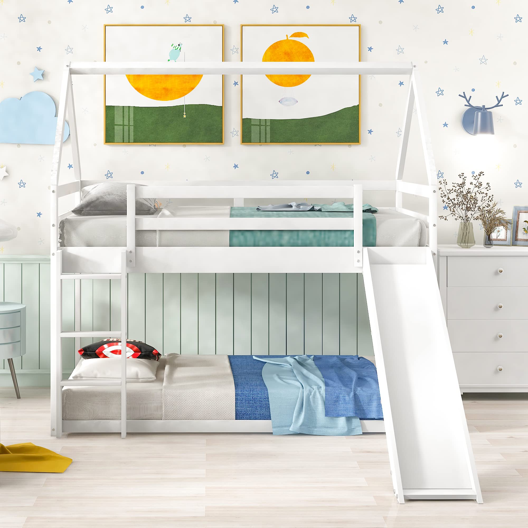 Harper & Bright Designs Twin Over Twin Bunk Bed with Convertible Slide, Ladder, Roof & Safety Guardrails - Kids Floor Bunk Bed in White | Perfect for Small Bedrooms, Sleepovers & Space-Saving Kids' Rooms