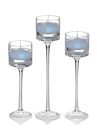 Yummi Set of 18 Floating Candles and Monet Stem Holders in Ice Blue - Elegant Wedding Centerpiece Decor for Pool, Bathtub, or Table Settings