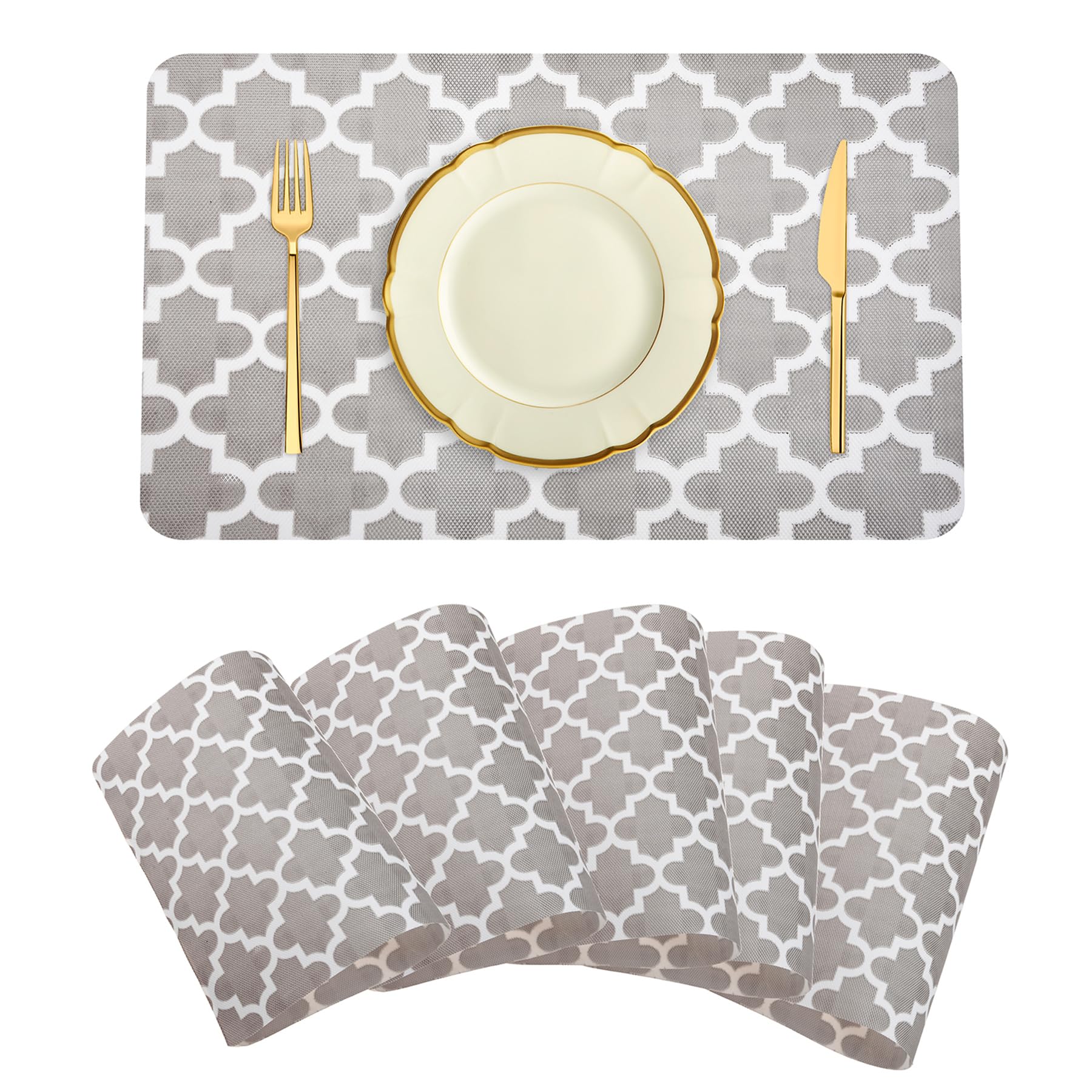 Premium Non-Slip Hexagon Placemats Set of 6 - Gray Modern Dining Table Mats for Kitchen & Dining Room, Heat Resistant Home Decor Placemats for Everyday Use & Dinner Parties