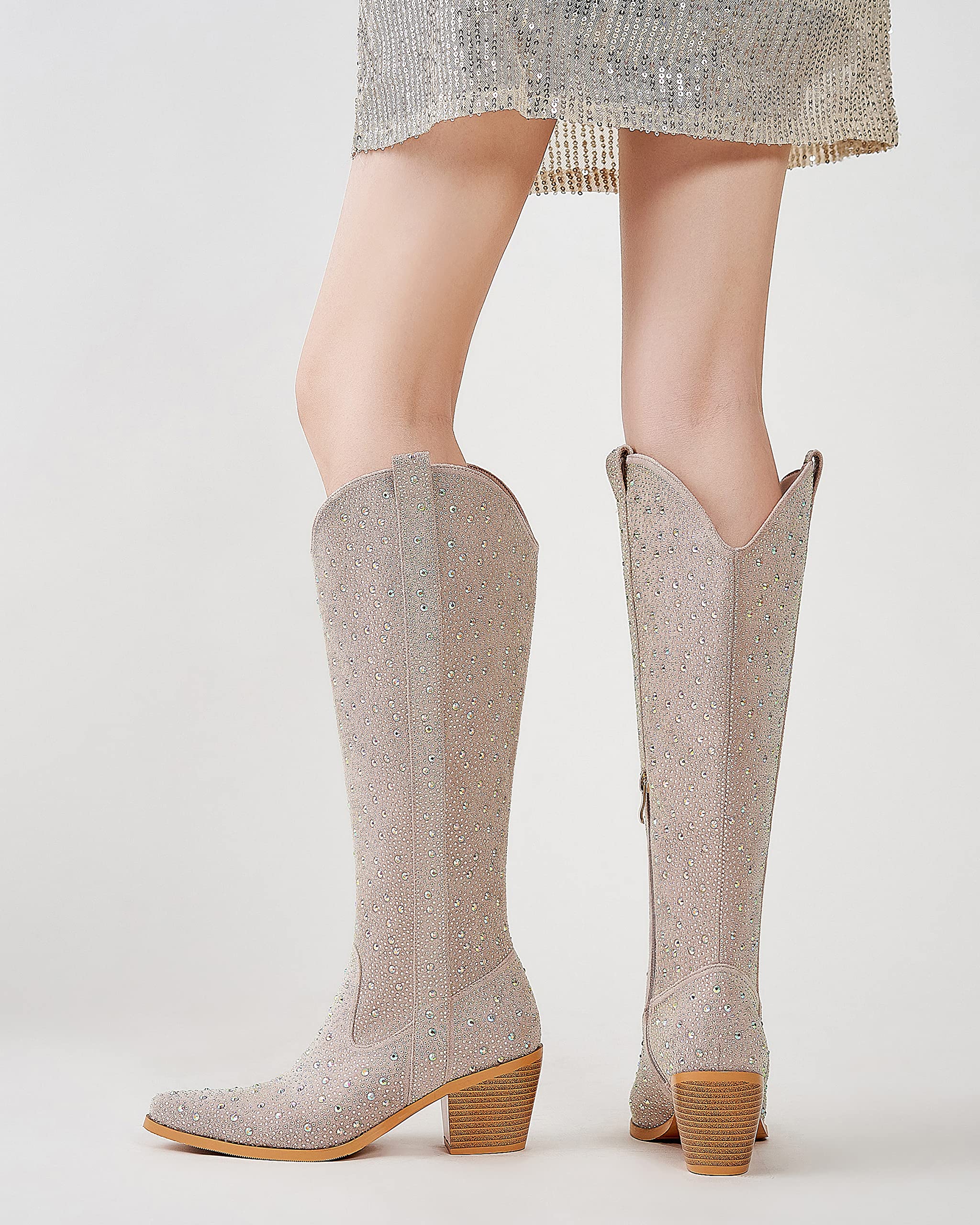 Sparkling Rhinestone Cowgirl Boots for Women - Knee High Nude Cowboy Boots with Almond Toe & Chunky Heel (Size 7) | Perfect for Country Concerts, Rodeos & Western Fashion
