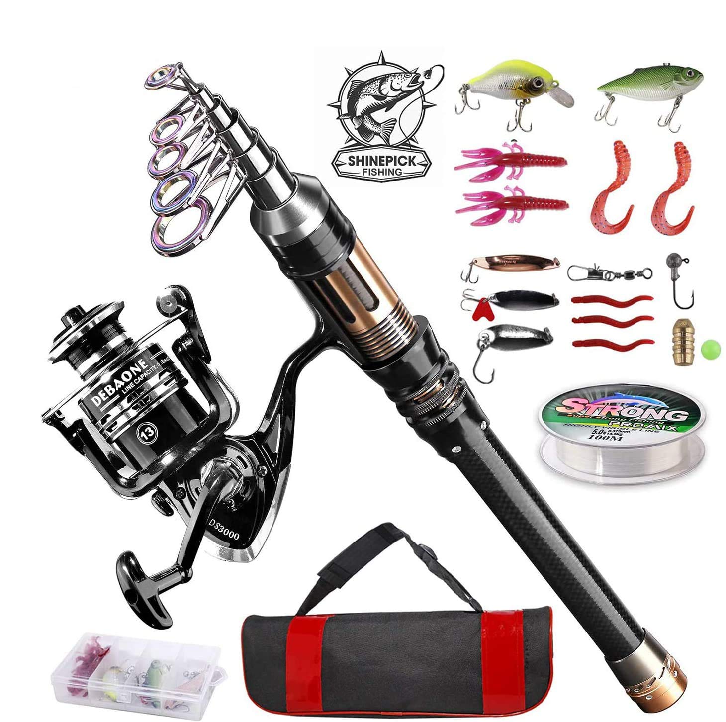 ShinePick Telescopic Fishing Rod and Reel Combo Kit with Line, Lures, Hooks & Carry Bag - Lightweight Travel Fishing Gear for Saltwater, Freshwater & Boat Fishing - Perfect for Beginners & Outdoor Enthusiasts