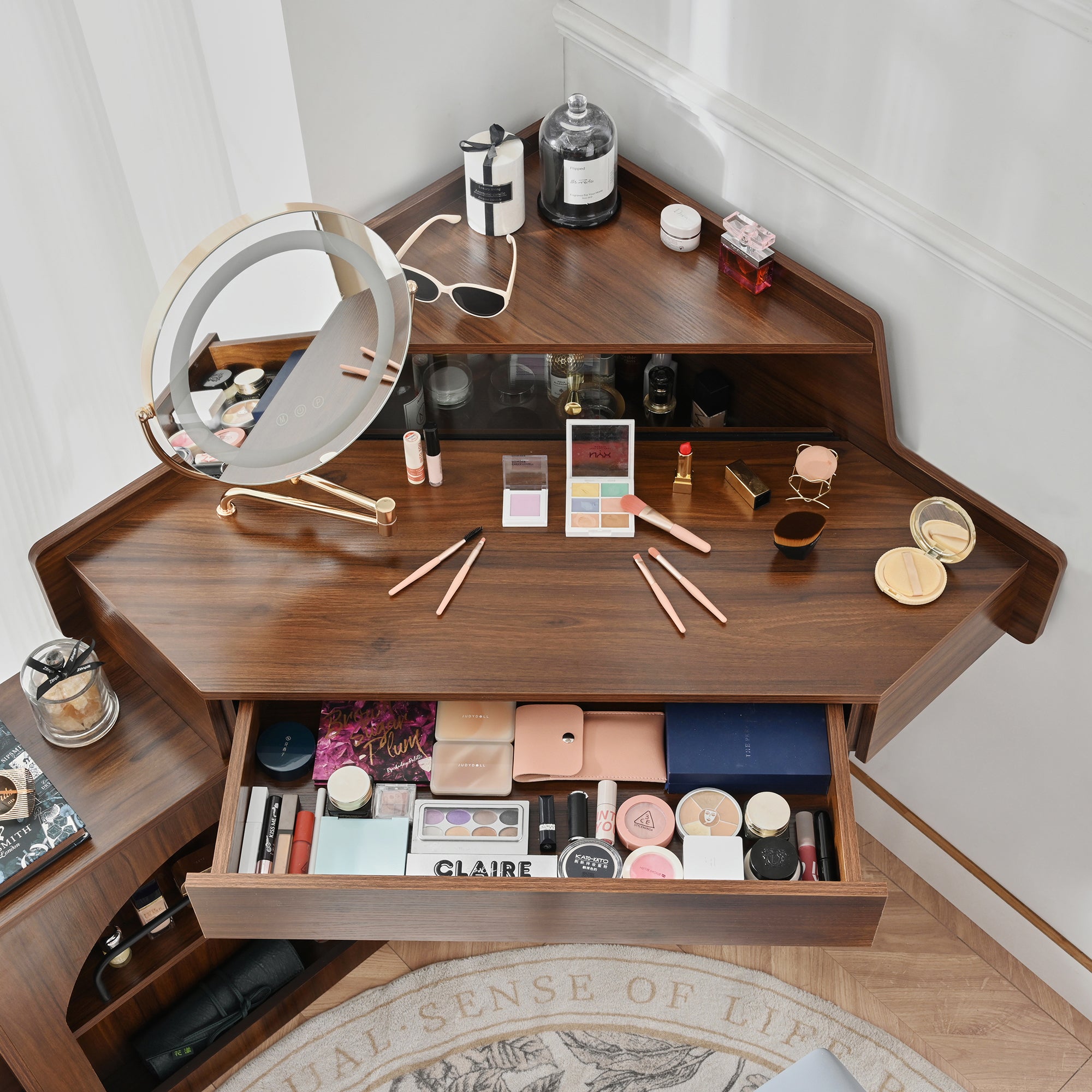 Modern Corner Makeup Vanity Desk with LED Lights & Adjustable Mirror - Walnut Dressing Table Set with Stool & Large Storage for Small Spaces | Perfect for Bedroom, Apartment & Studio Makeup Organization