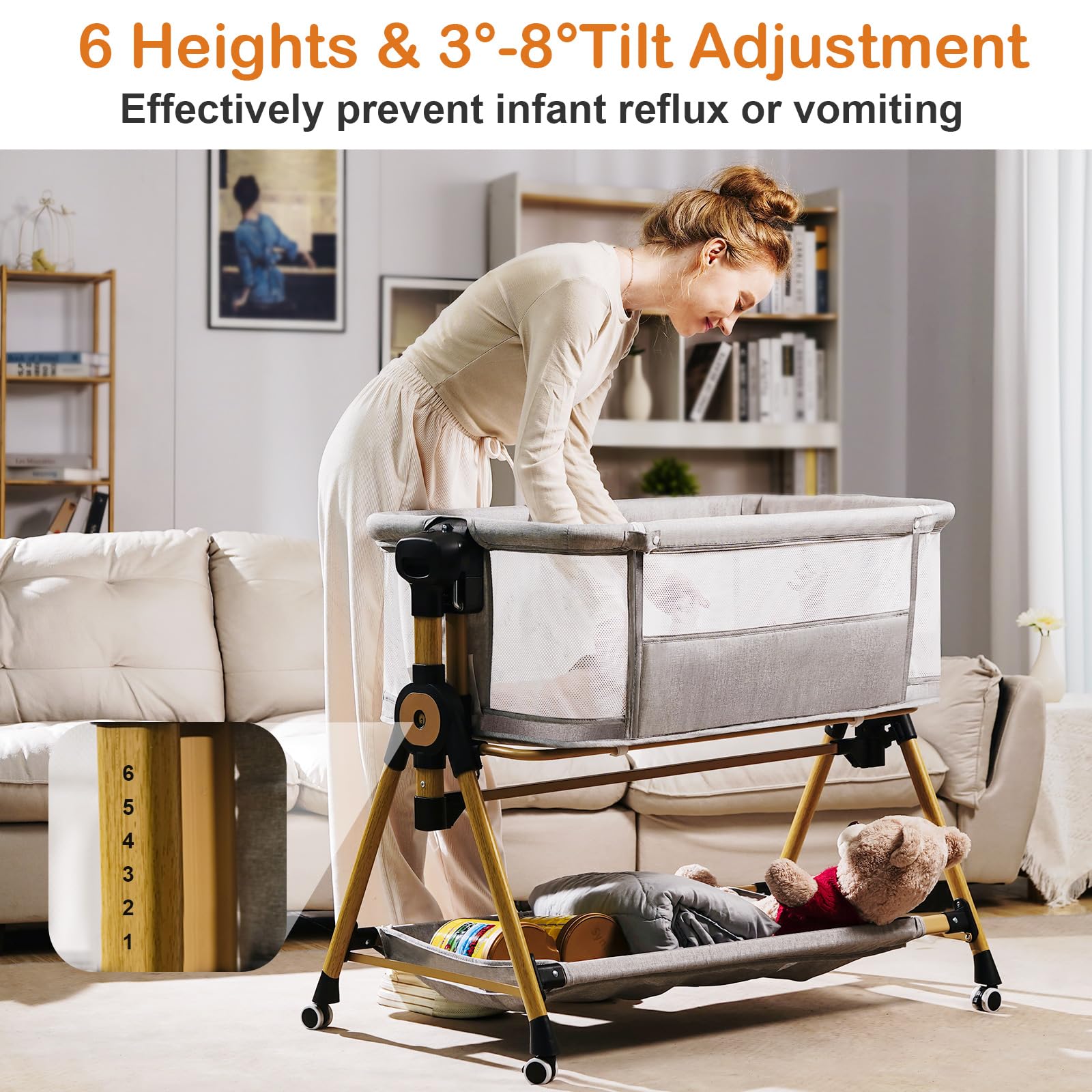 **Portable Baby Bassinet with Adjustable Height & Storage - 6-Level Bedside Sleeper for Newborns, Breathable Mesh Sides, Wheels & Rocking Function - Perfect for Nursery, Co-Sleeping & Travel**