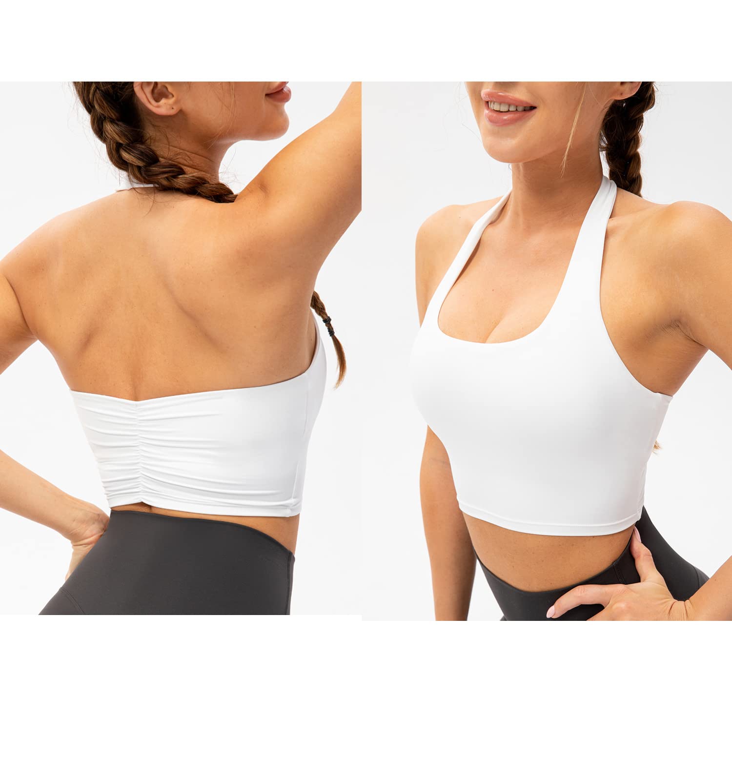 Lavento Women's Halter Sports Bra - Pleated Longline Padded Yoga Crop Top for Workout, Running & Gym | Breathable & Supportive Activewear for Women