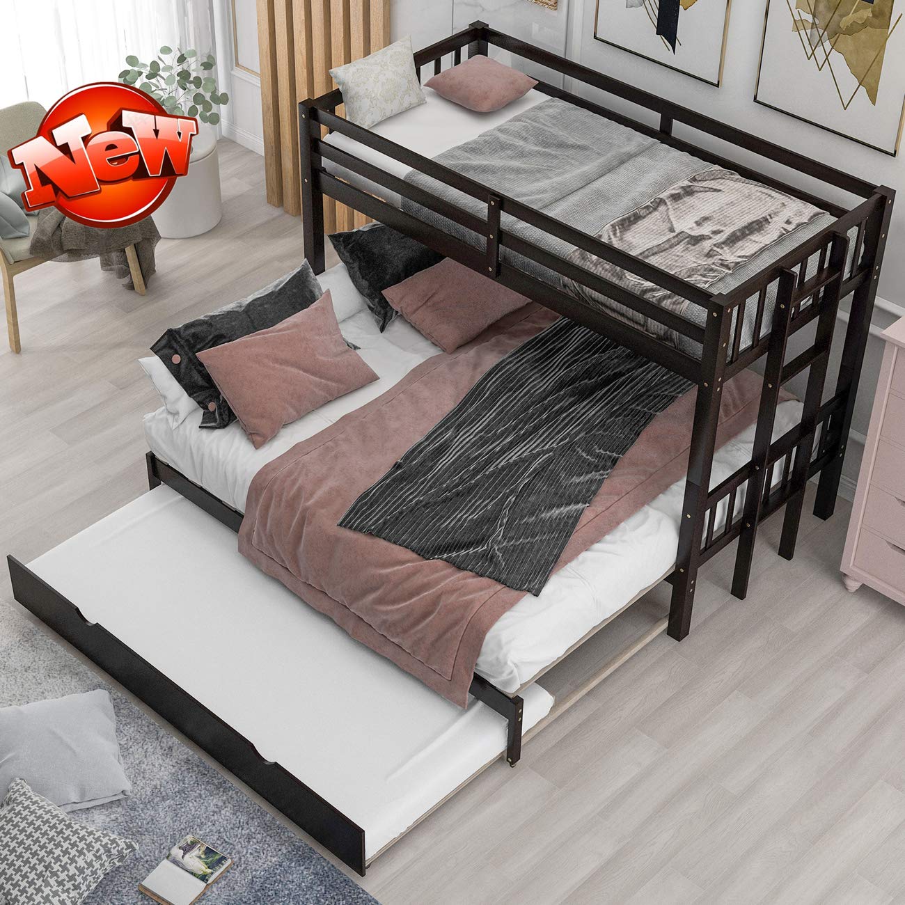 Jresboen Upgraded Solid Pine Wood Twin Over Twin Bunk Bed with Pull-Out Trundle - Converts to Twin Over 2 Twin Bunk Beds - Sturdy Design for Kids, Teens & Adults (Espresso) - Perfect for Small Bedrooms, Guest Rooms & Vacation Homes