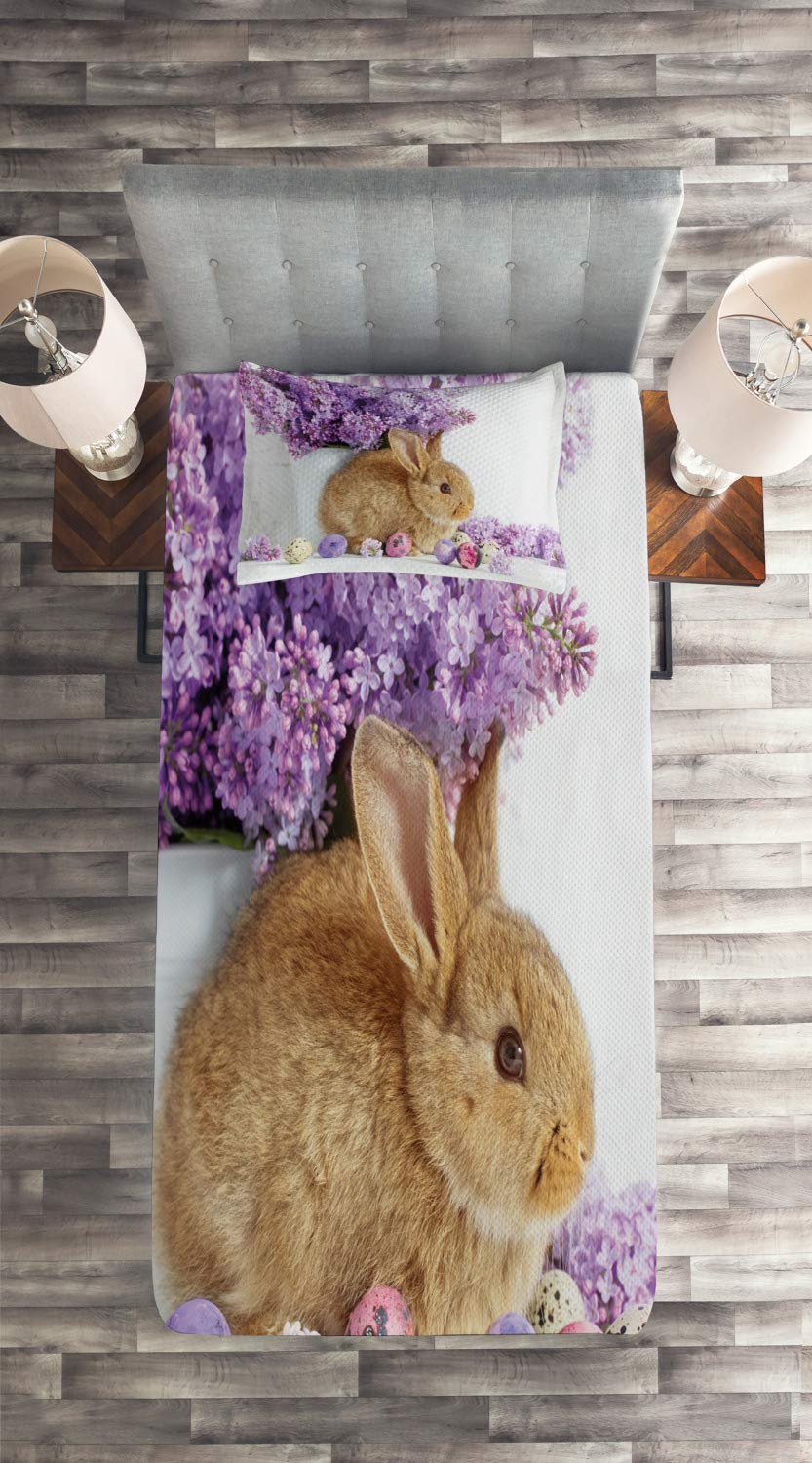 Ambesonne Easter Bunny Quilt Set - Twin Size 2-Piece Decorative Bedspread with Floral Rabbit Design & Easter Eggs - Spring Home Decor for Bedroom, Guest Room & Holiday Styling