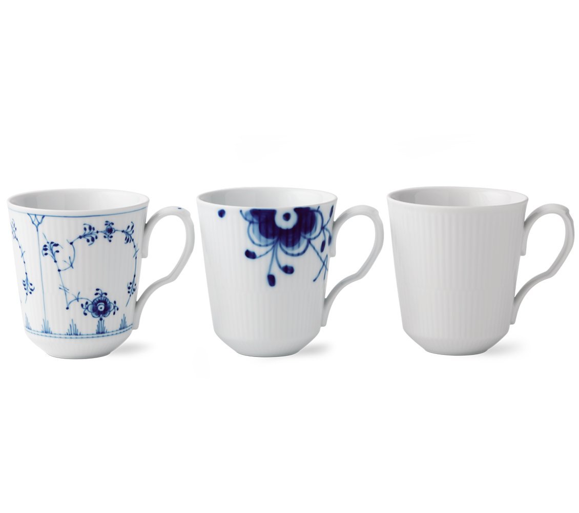 Royal Copenhagen Porcelain Mugs Set of 3 - Premium Danish Design Coffee Cups with Blue Floral Pattern - Perfect for Tea, Coffee & Hot Chocolate at Home or Office