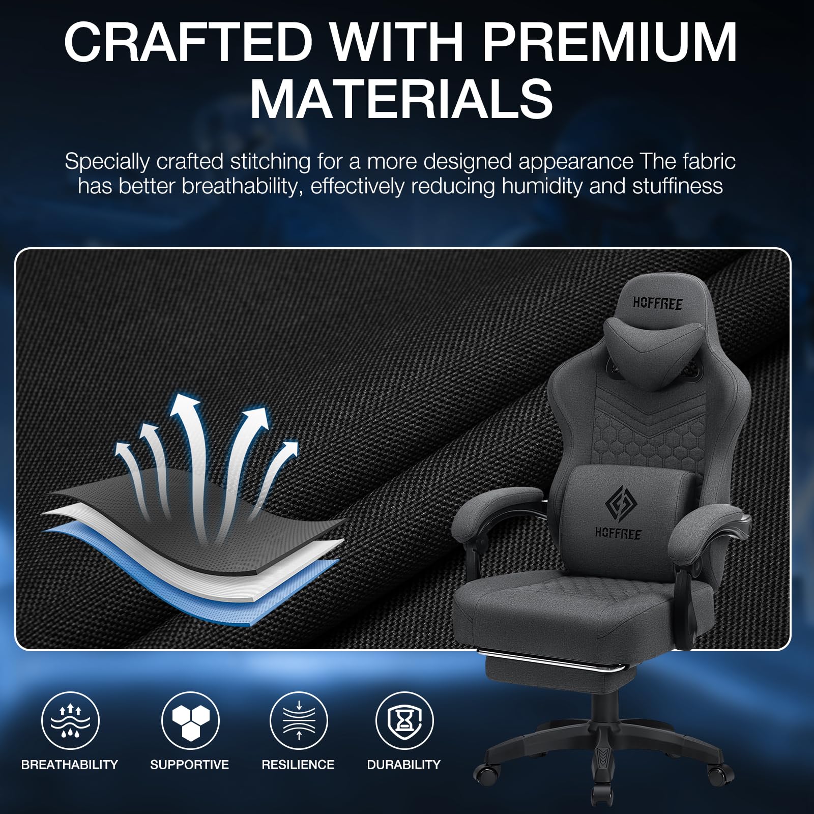 **HOFFREE Ergonomic Gaming Chair with Pocket Spring Cushion & Massage - Reclining Computer Chair with Lumbar Support & Footrest - Breathable Fabric for Adults (Gray) - Perfect for PC Gaming, Office Work & Home Use**