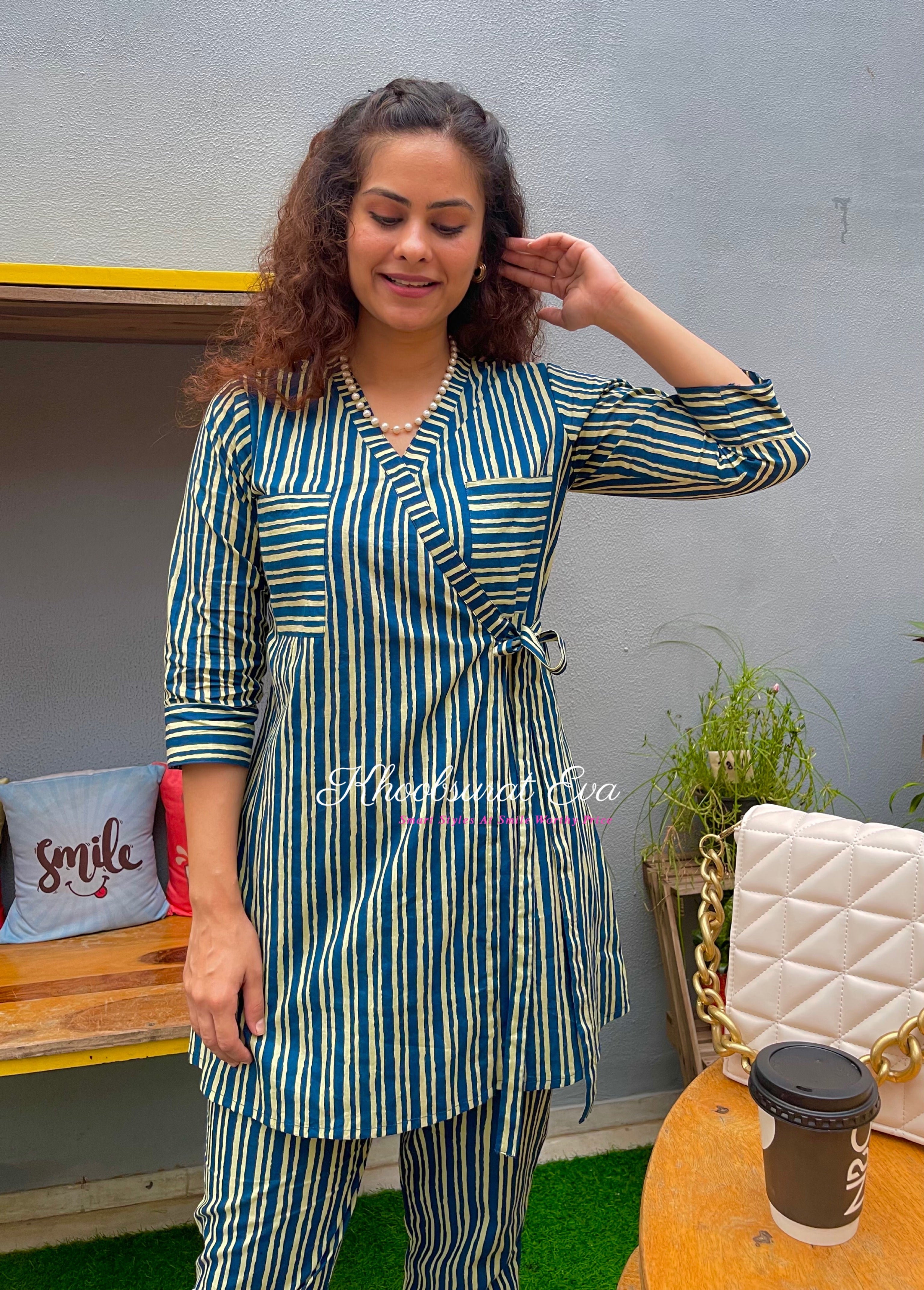 Stylish Blue Striped Co-Ord Set for Women | Trendy Matching Outfit | Perfect for Summer, Beach, and Casual Wear