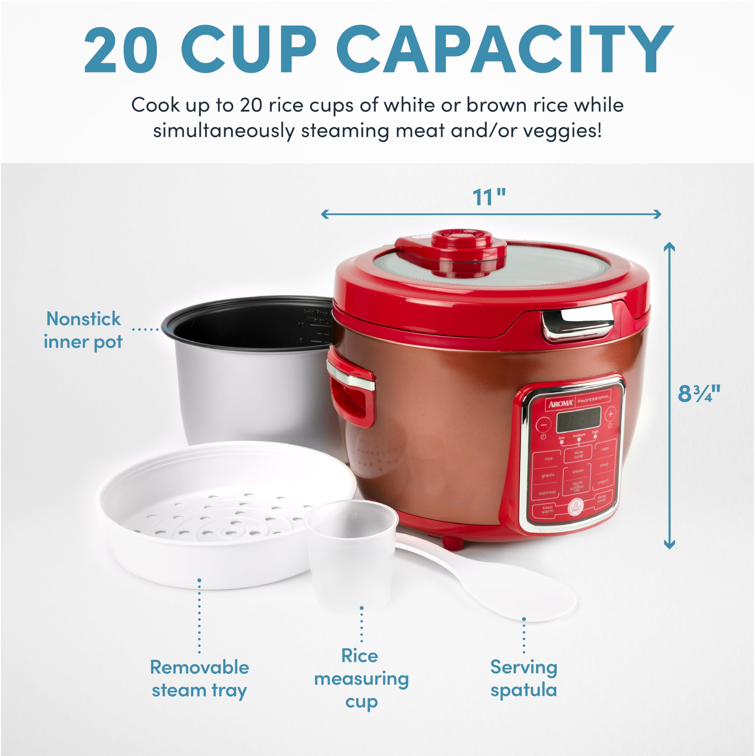 Aroma Professional ARC-1230R 20-Cup Cool-Touch Glass Lid Rice Cooker & Food Steamer - 11-in-1 Multicooker with Steam Tray, Measuring Cup & Rice Spatula - Perfect for Meal Prep, Slow Cooking & Family Dinners (Red)
