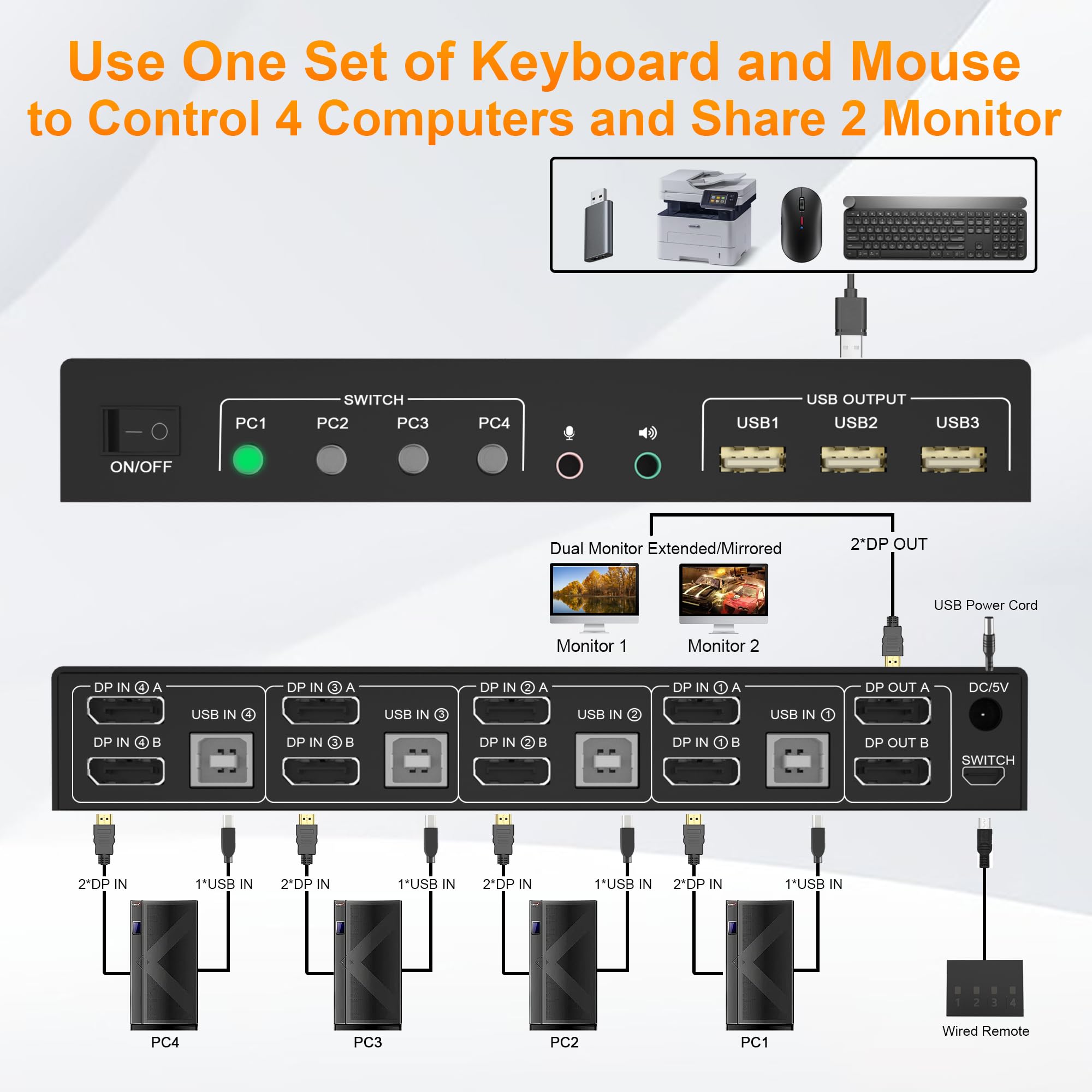 4 Port KVM Switch Dual Monitor DisplayPort 4K 60Hz - Control 4 Computers with 2 Monitors, 3 USB 2.0 Ports & Audio/Mic Support - Ideal for Home Office, Gaming & Multi-PC Workstations