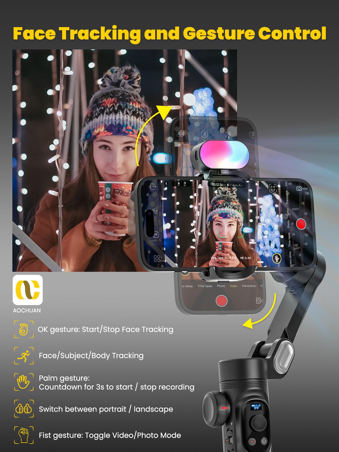 Professional 3-Axis Smartphone Gimbal Stabilizer with RGB Fill Light, Extension Rod & OLED Display - Wireless Charging Compatible with iPhone 15/14/13 Pro/Max & Galaxy S22 - Perfect for TikTok, YouTube & Vlogging (Smart X Pro Combo1)