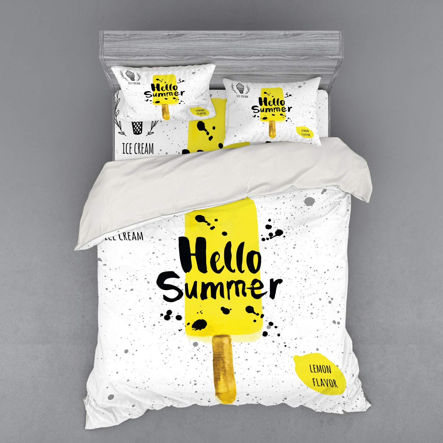 Ambesonne Ice Cream Bedding Set - Queen Size 4-Piece Duvet Cover with Shams & Fitted Sheet | Watercolor Splash Print in Yellow, Black & White | Summer Lemon Theme Bedroom Decor for Teens & Adults