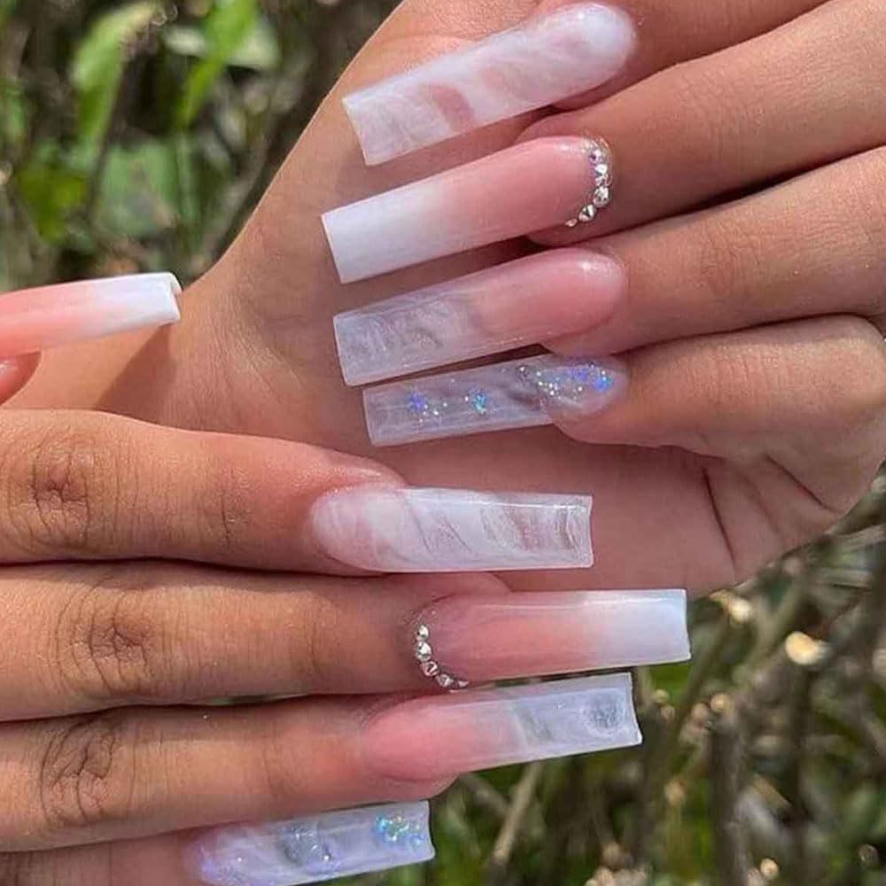 Ombre Pink White Press on Nails Long Square - Glitter Fake Nails with Rhinestones Design - Full Cover Acrylic Artificial Stick on Nails for Women & Girls - 24Pcs - Perfect for Wedding, Party, and Special Occasions