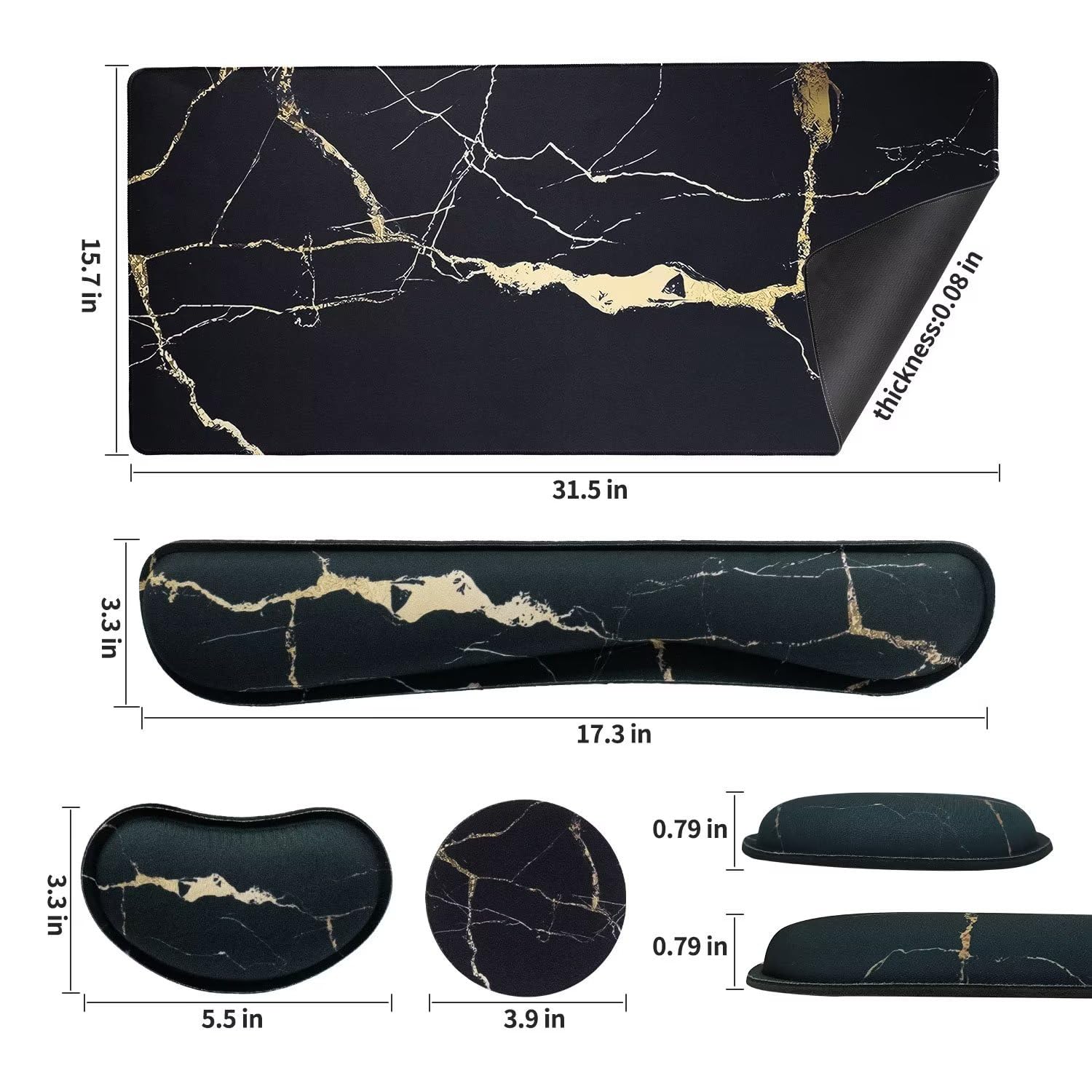 Bloss Ergonomic Mouse Pad and Keyboard Wrist Rest Set (4 Pcs) - Non-Slip Desk Mat Protector, Extra Large Gaming Mousepad (31.5×15.7 Inches) - Black Marble Design for Office, Home & Gaming Workstations - Perfect for Typing, Coding & Long Computer Sessions