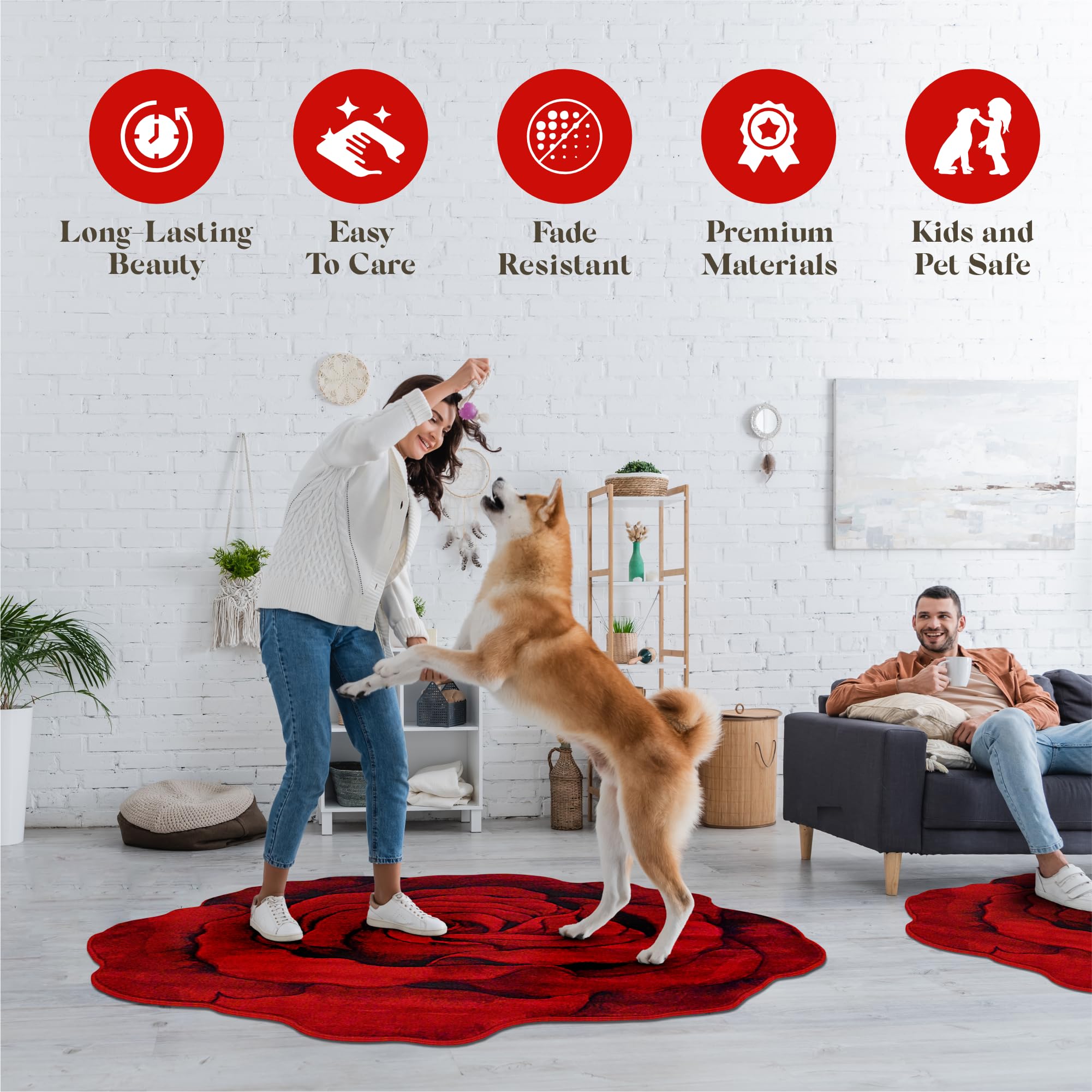 5ft Round Rose Flower Shaped Plush Area Rug - Soft Girly Circle Carpet for Bedroom, Living Room Floor Decor | 304 Red | Perfect for Boho Chic Home, Nursery & Dorm Room
