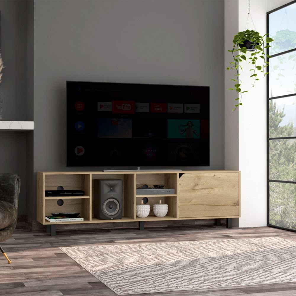 70 Inch TV Stand with 4 Open Shelves - Light Oak Wood Media Console for Living Room, Bedroom & Home Theater