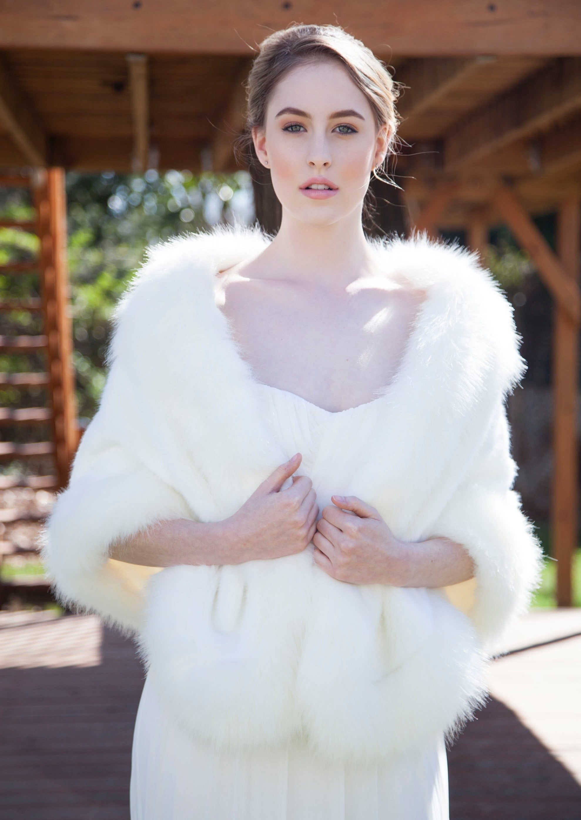 Ivory White Bridal Fur Shawl with Butterfly Design - Elegant Wedding Accessory for Brides, Winter Weddings & Formal Events