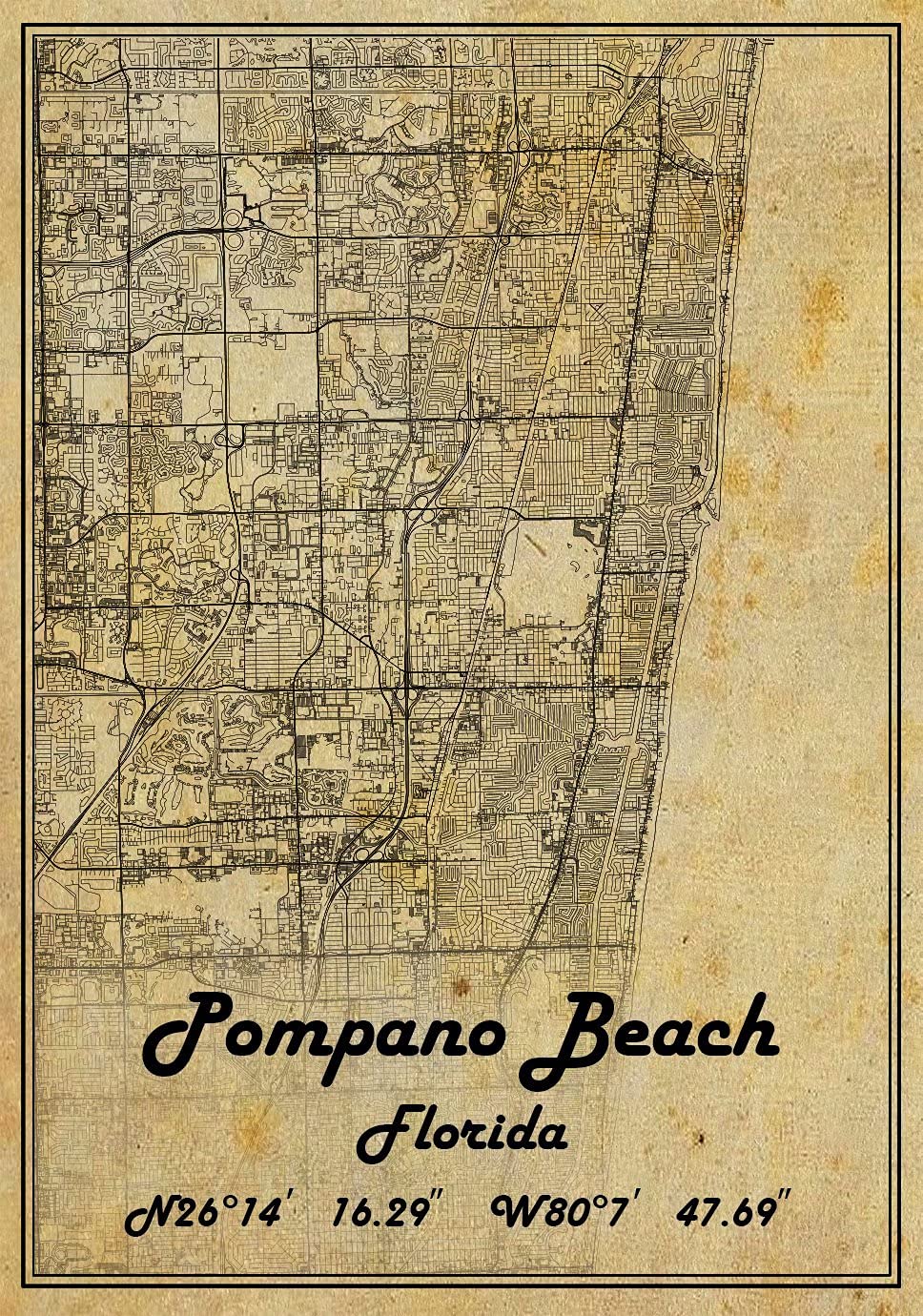 Vintage Pompano Beach Florida USA Map Poster - 24x36 Inch Wall Art Decor, Road & City Map Print for Home, Office, or Gift - Perfect for Travel Enthusiasts & History Lovers