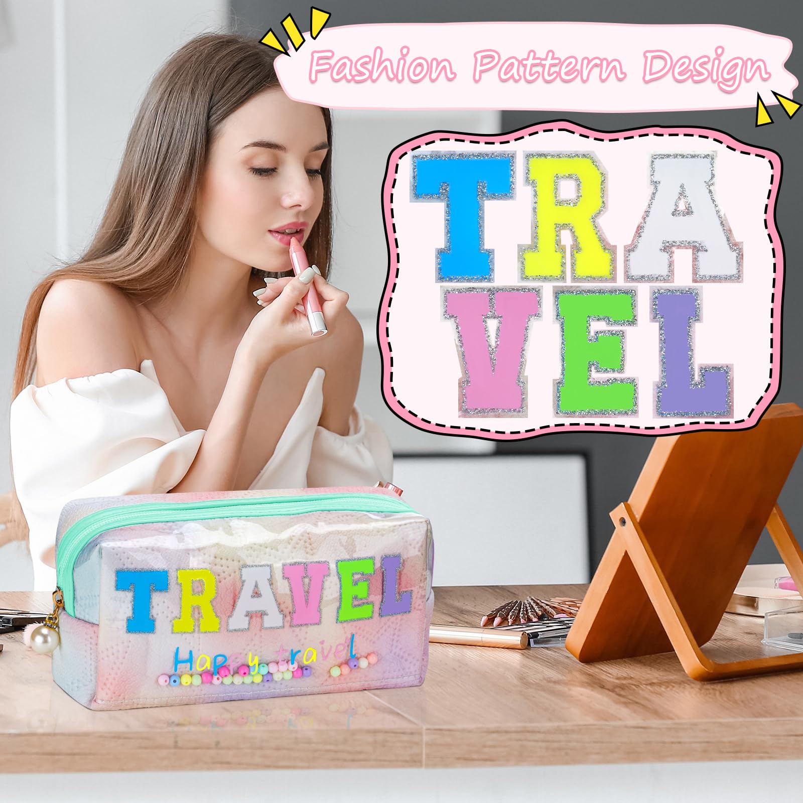 Stylish Colorful Preppy TRAVEL Letter Patch Makeup Bag - Large Capacity Cosmetic Organizer for Women & Girls, Holds More Makeup & Toiletries - Perfect for Daily Use, Travel, Gym & Weekend Getaways