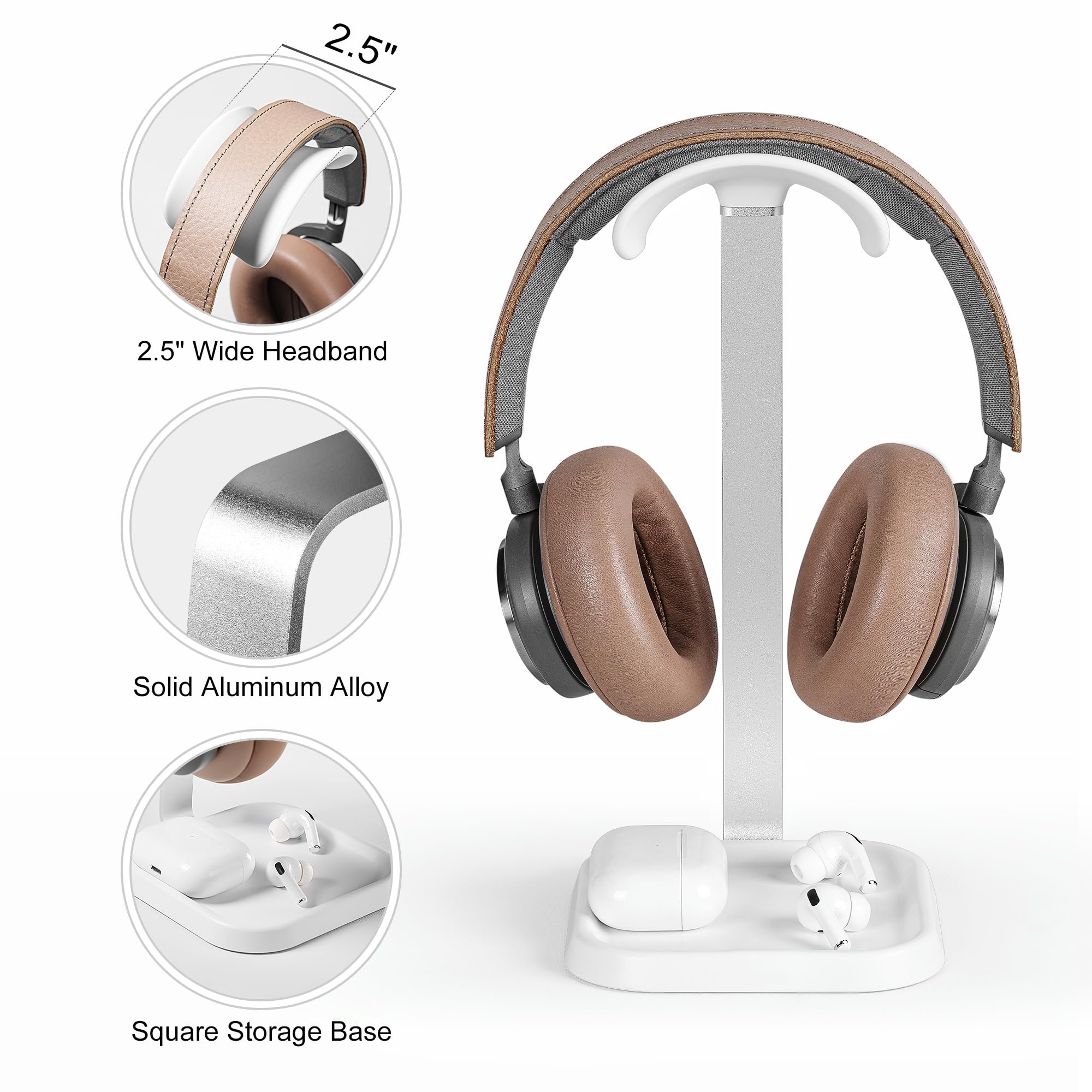 Premium Curved Headphone Stand with Storage Tray - Universal Gaming Headset Holder for AirPods Max/Pro, Beats, Bose, Sony & More - Space-Saving Desk Organizer for Home Office & Gaming Setup (White)