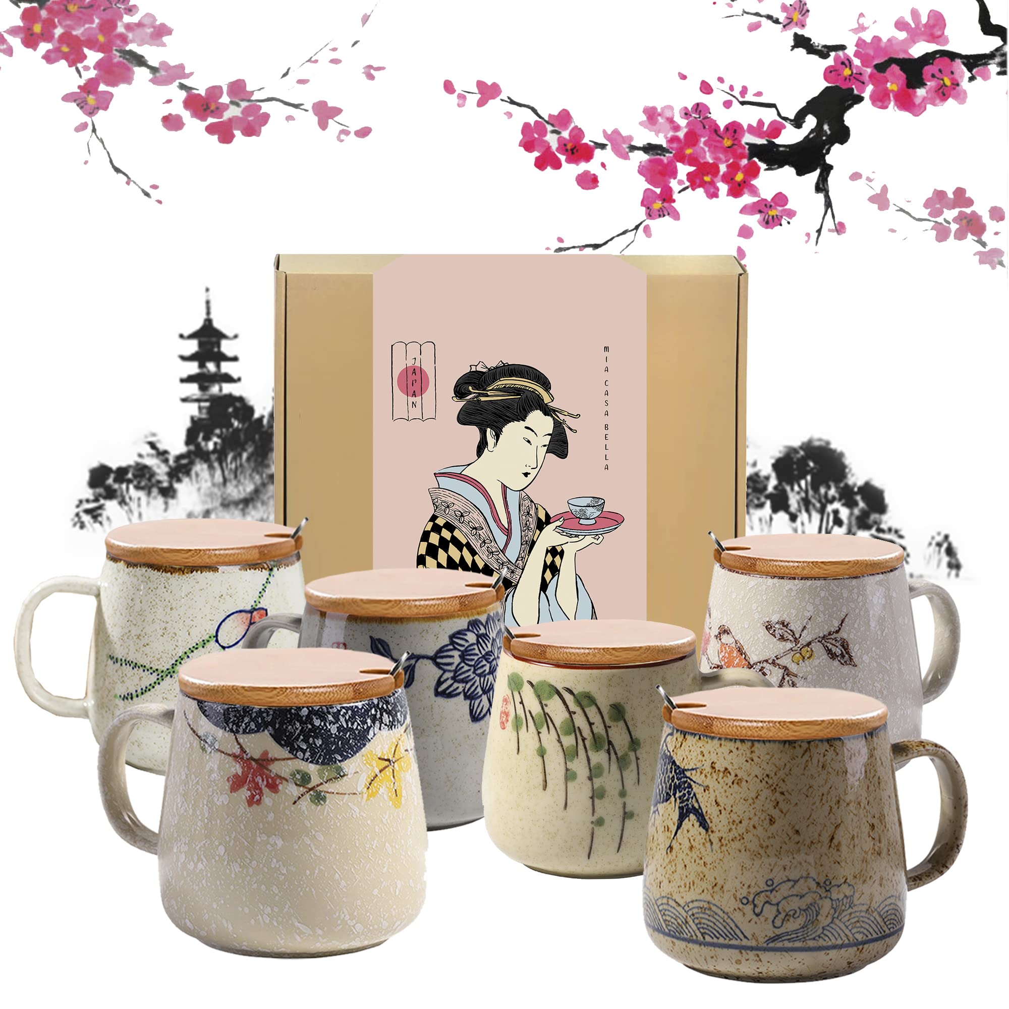 Premium Glazed Japanese Tea & Coffee Cups Set - 350ml (12oz) Ceramic Mugs with Bamboo Lid & Spoon - Elegant Tea Drinking & Coffee Brewing for Home, Office & Gifts (Set of 6)