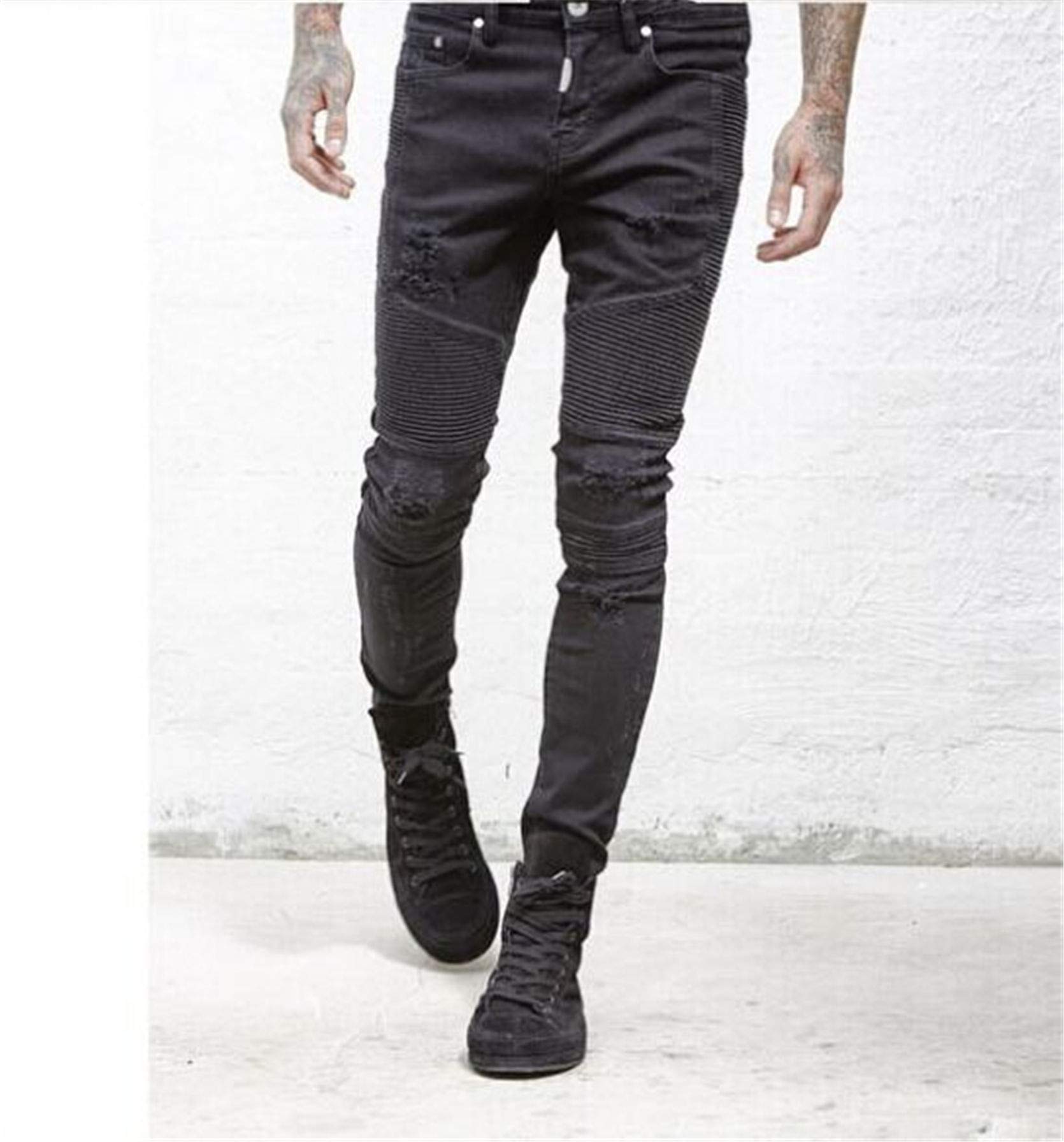 Men's Slim Fit Stretch Skinny Jeans - Washed Black Denim with Pleated Detail & Ripped Destroyed Style for Motorcycle Bikers (Size 33) - Perfect for Casual Wear, Night Out & Urban Street Fashion