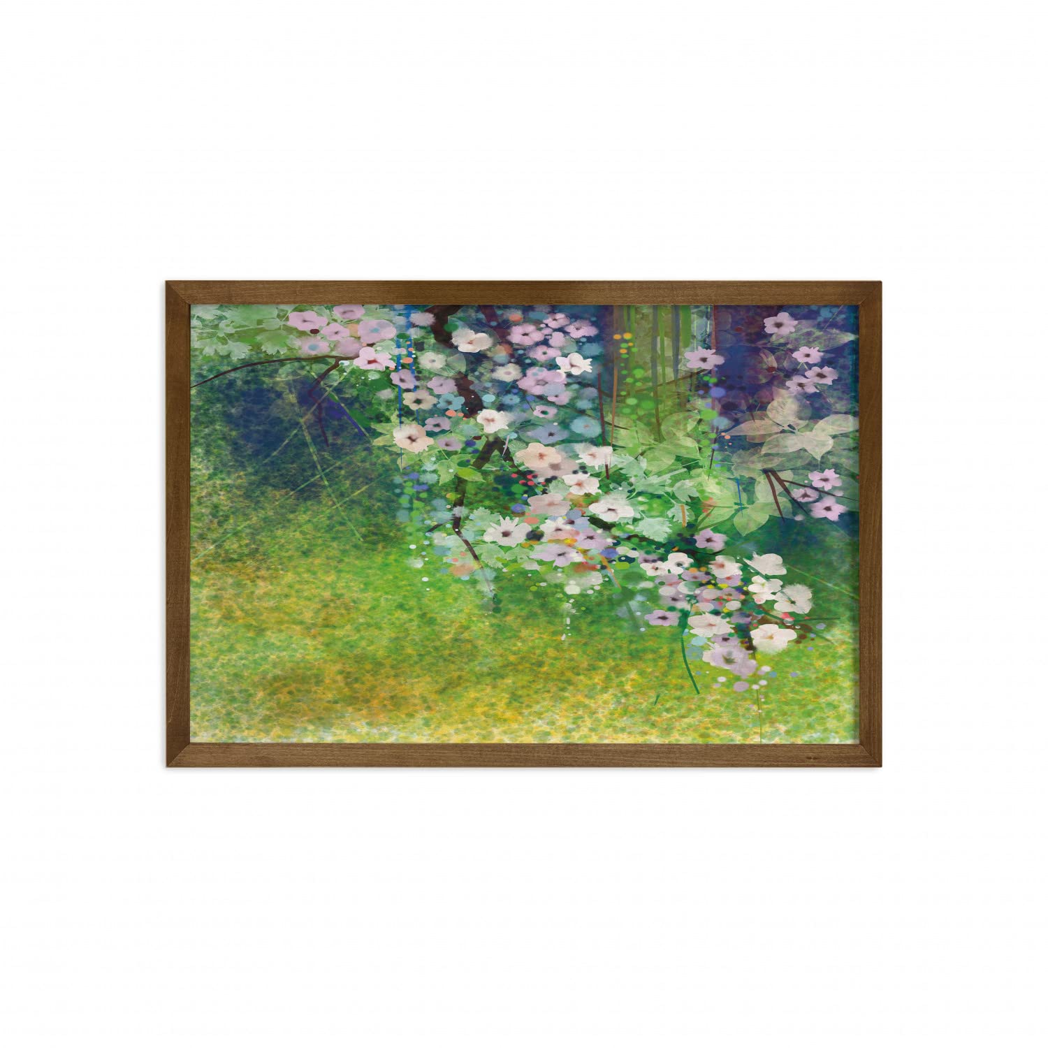 Ambesonne Japanese Cherry Blossom Wall Art - Traditional Sakura Tree Painting with Multicolor Petals on Grass Landscape - Pink & Green Fabric Decor with Teak Wood Frame (35