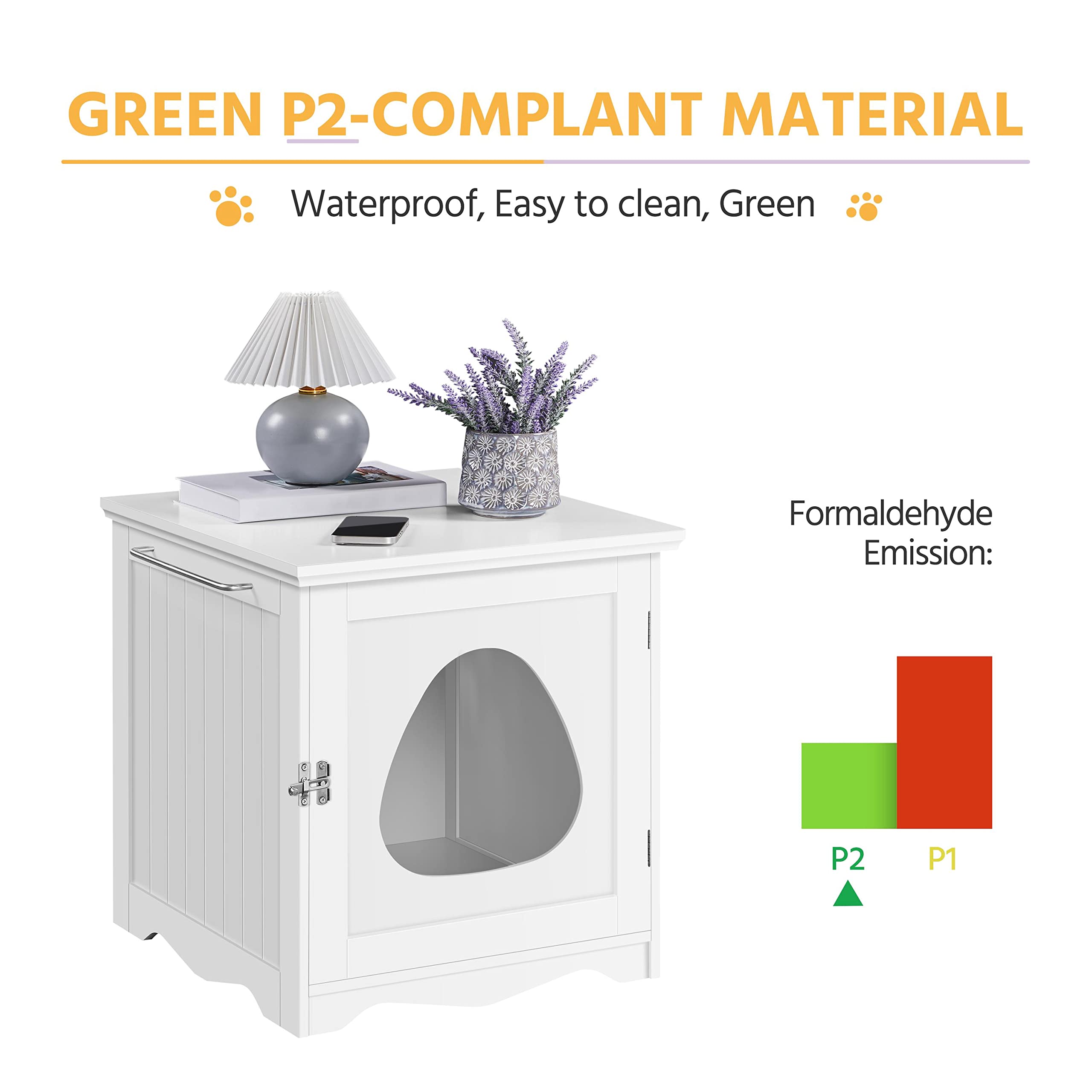 Yaheetech Wooden Cat Litter Box Enclosure Furniture with Towel Bar - Hidden Litter Box Cabinet, Dog Proof Indoor Cat House & Side End Table in White - Perfect for Small Spaces & Pet-Friendly Home Decor