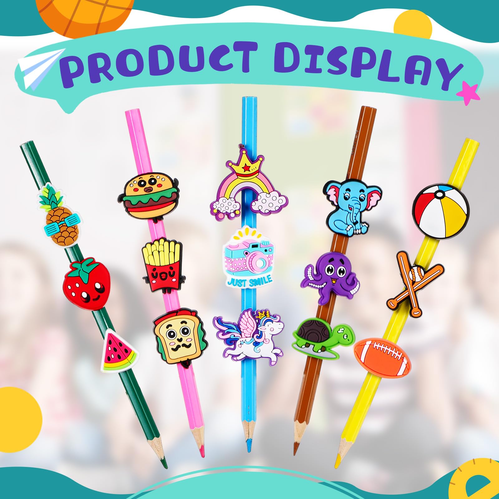 Seajan Bulk Pencil Charms for Kids - Fun Food-Themed Pencil Toppers & Clips - Classroom Rewards, Student Gifts, Halloween Prizes & Christmas Decorations - Perfect for School Supplies, Party Favors, and Arts & Crafts Projects