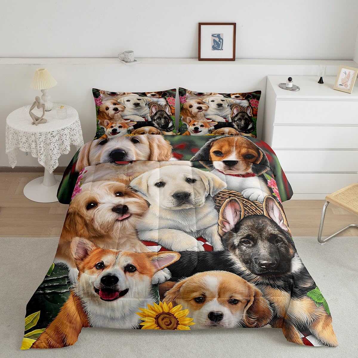 Cute Kawaii Dog Bedding Set for Kids - Twin Size Comforter & Pillowcase (2Pcs) - Pug & German Shepherd Themed Room Decor for Boys & Girls - Perfect for Toddler Bedrooms, Pet Lovers & Kawaii Style Home Decor