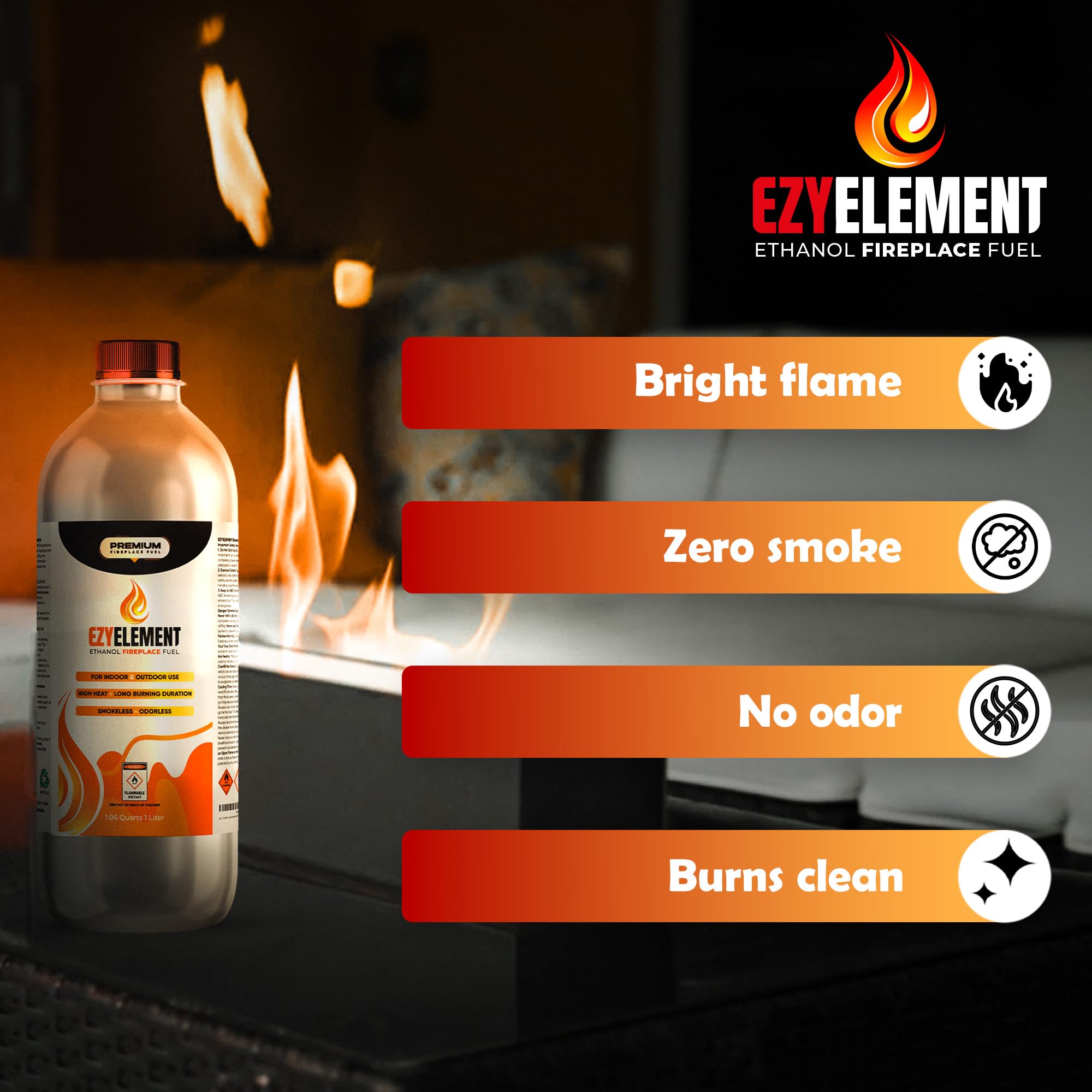 Clean Burning Bioethanol Fireplace Fuel - 12 x 1 Liter Odorless & Smokeless Ethanol Fuel for Tabletop Fire Pits | Renewable Eco-Friendly Fireplace Burner | Perfect for Indoor/Outdoor Decoration, Patio Heating & Ambiance Lighting