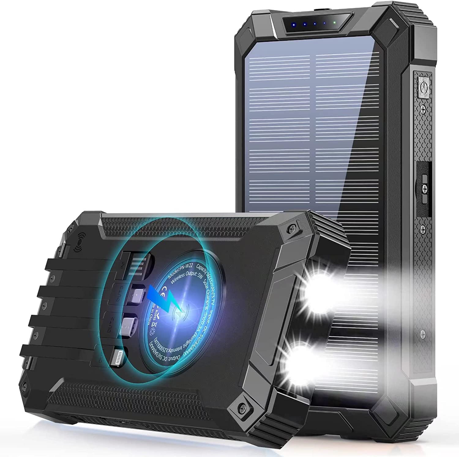 36000mAh Wireless Power Bank with 15W Fast Charging - Built-in 4 Cables & 6 Outputs for iPhone, Samsung, Android Devices | Solar Portable Charger with Dual Flashlights & Carabiner Clip | Perfect for Camping, Travel, and Emergency Power Backup