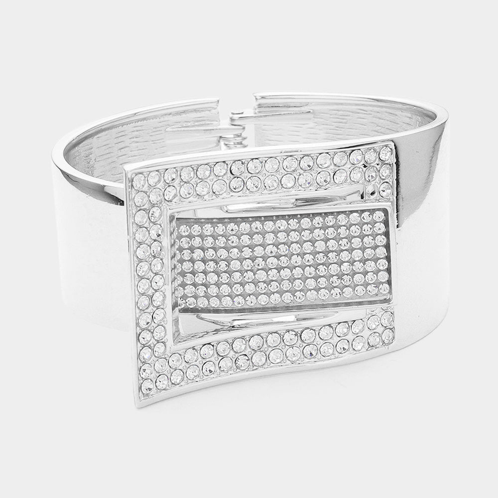 Rhodium Stone Paved Buckle Metal Hinged Bangle Bracelet for Women - Elegant Jewelry Gift for Birthday, Anniversary & Special Occasions
