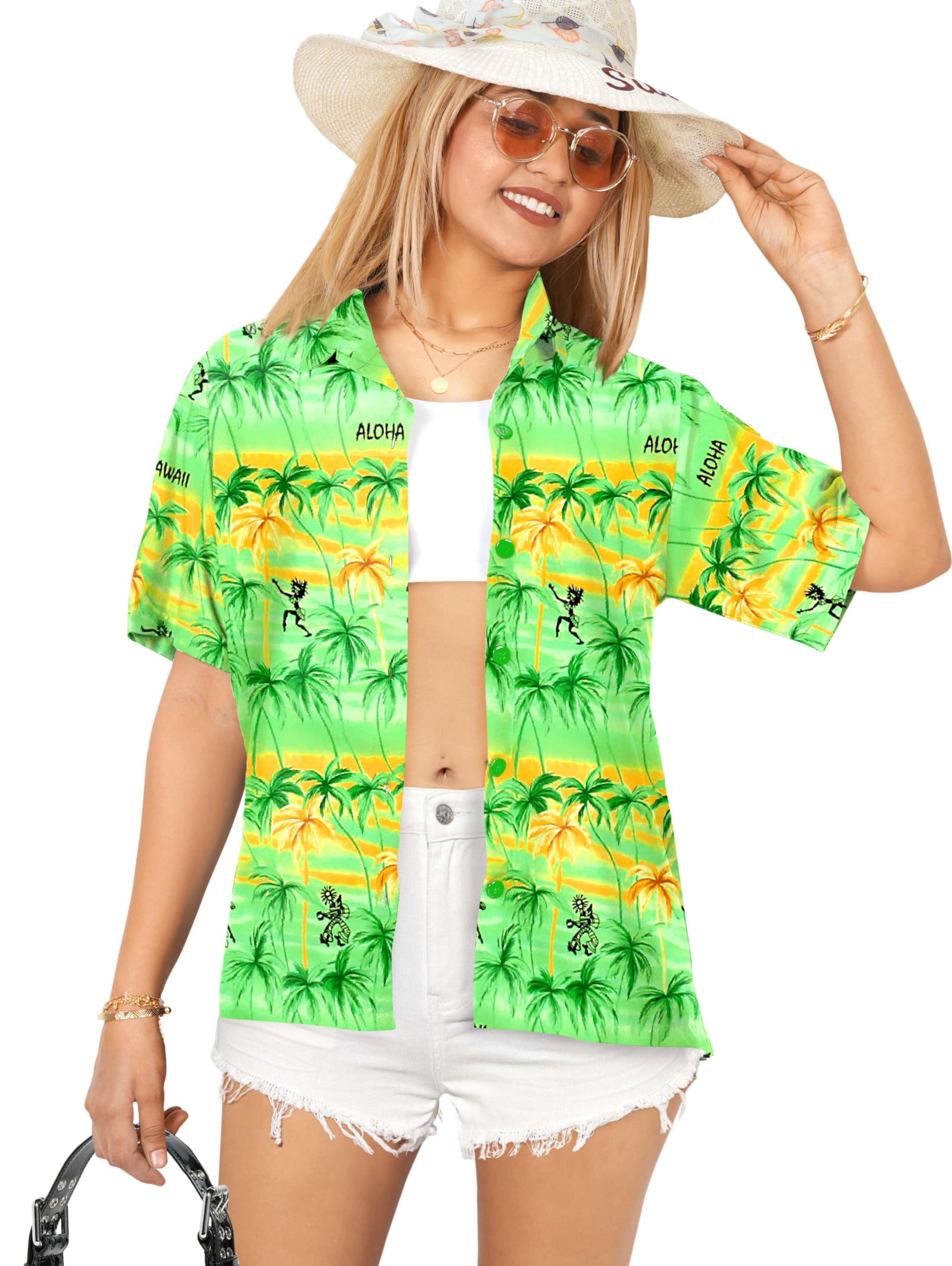 LA LEELA Women's Short Sleeve Hawaiian Blouse - Tropical Floral Print Beach Shirt for Summer Vacation, Pool Party & Casual Outfit