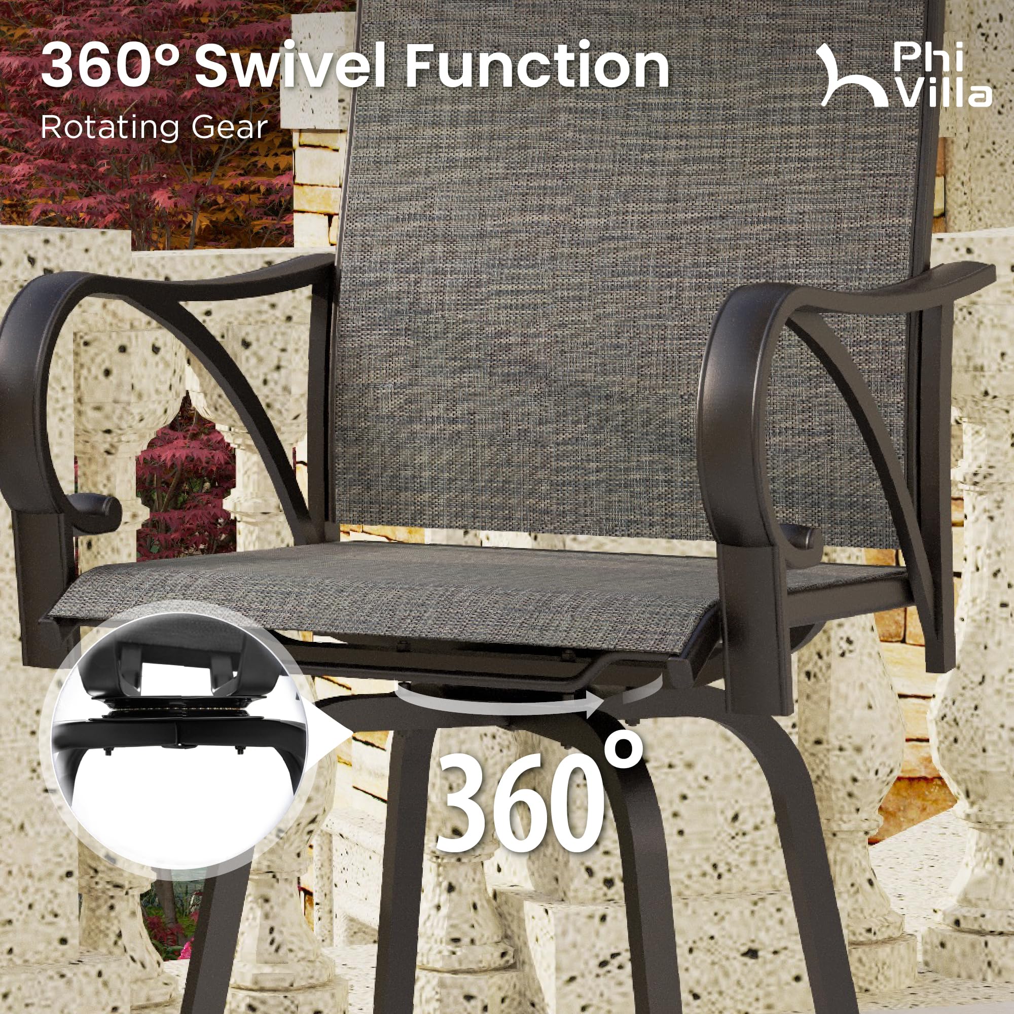 PHI VILLA 5-Piece Outdoor Bar Height Dining Set - 4 Swivel Bar Stools & Large Metal Table for Patio, Backyard, Deck or Garden - Perfect for Entertaining Guests Al Fresco