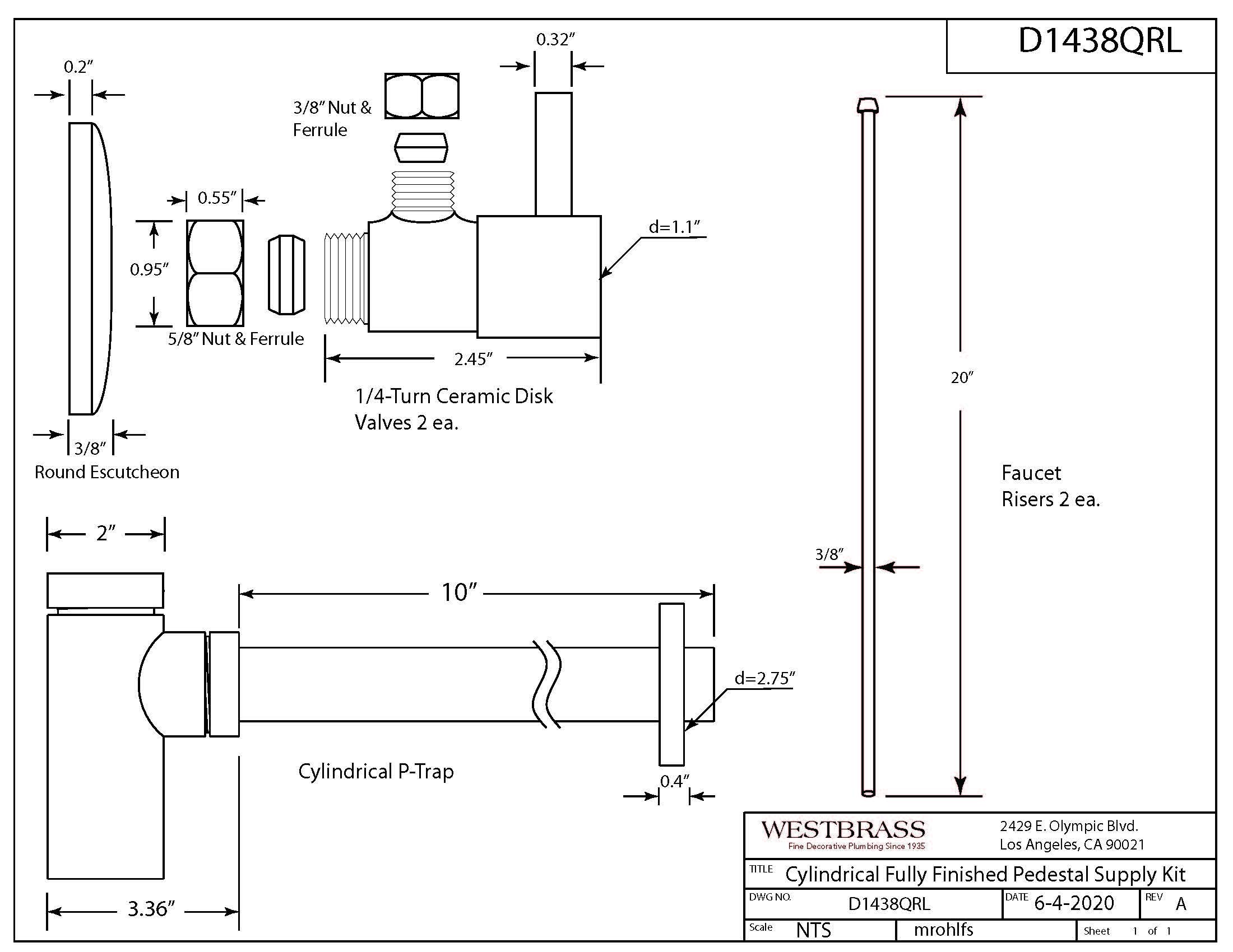 Westbrass D1438QRL-12 Oil Rubbed Bronze Pedestal Sink Supply Line Kit with Qubic Bottle Trap & 1/4-Turn Angle Stops - Perfect for Bathroom Vanity & Lavatory Installation