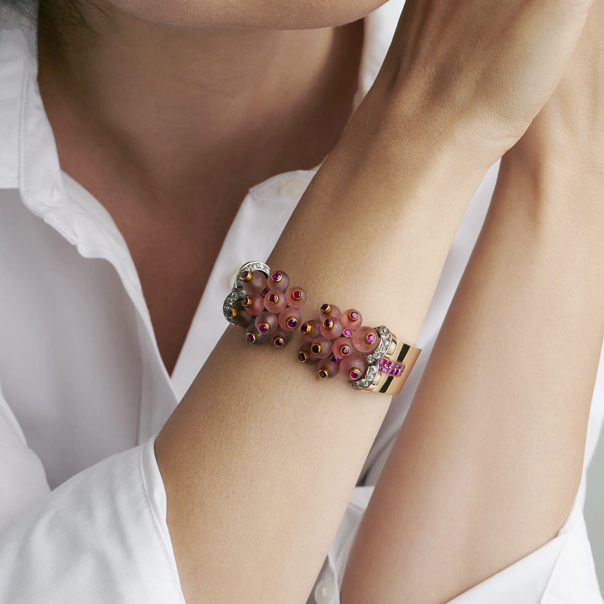 Georges Verger Rose Quartz & Ruby Cuff Bracelet - Elegant Crystal Healing Jewelry for Women - Perfect for Meditation, Yoga & Spiritual Gifts
