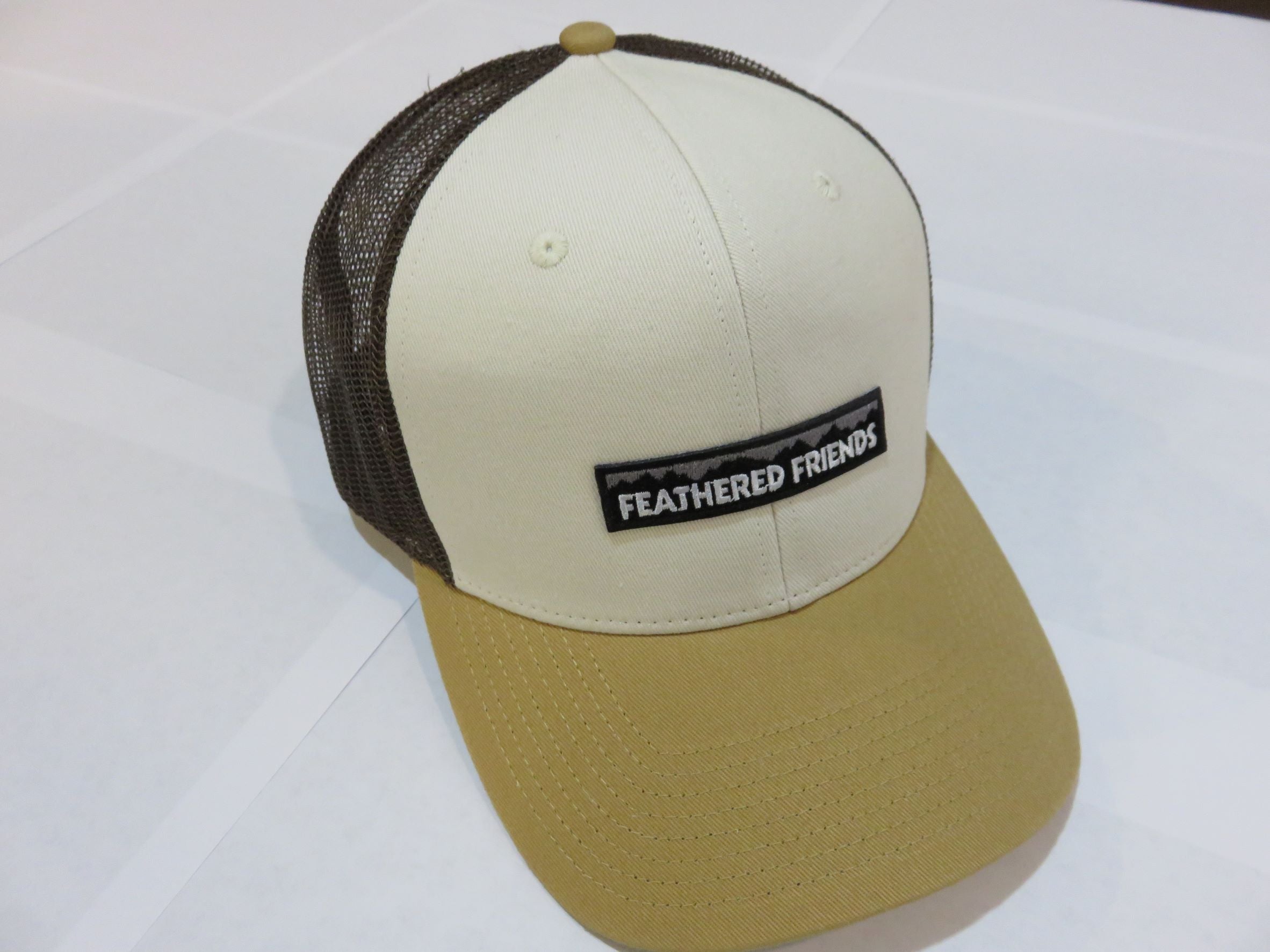 Feathered Friends Pro Style Trucker Mountain Logo Patch Hat - Vintage Baseball Cap for Outdoor Hiking & Camping