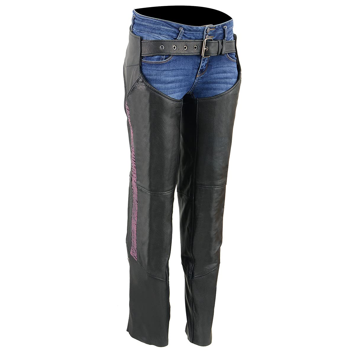 Milwaukee MLL6501 Women's Black Lightweight Goat Skin Motorcycle Chaps with Crinkled Stripes & Reflective Design - Perfect for Riding, Biker Events & Outdoor Adventures