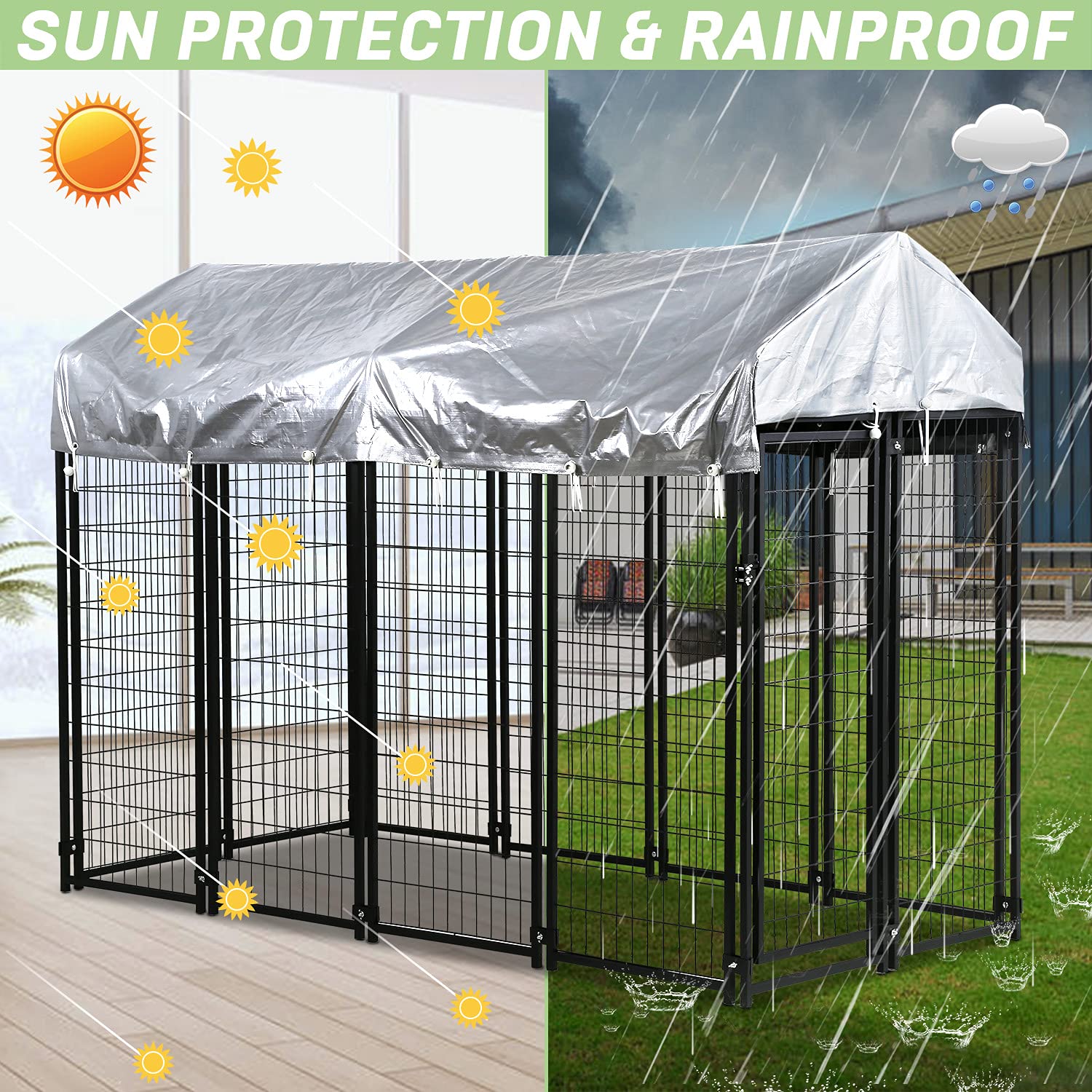Heavy Duty Large Dog Crate Kennel - 7.5' x 3.75' x 5.8' Outdoor Metal Pet Cage with UV Protection Waterproof Roof & Secure Lock - Perfect for Backyard, Travel, and Training | Durable Wire Fence Playpen for Dogs