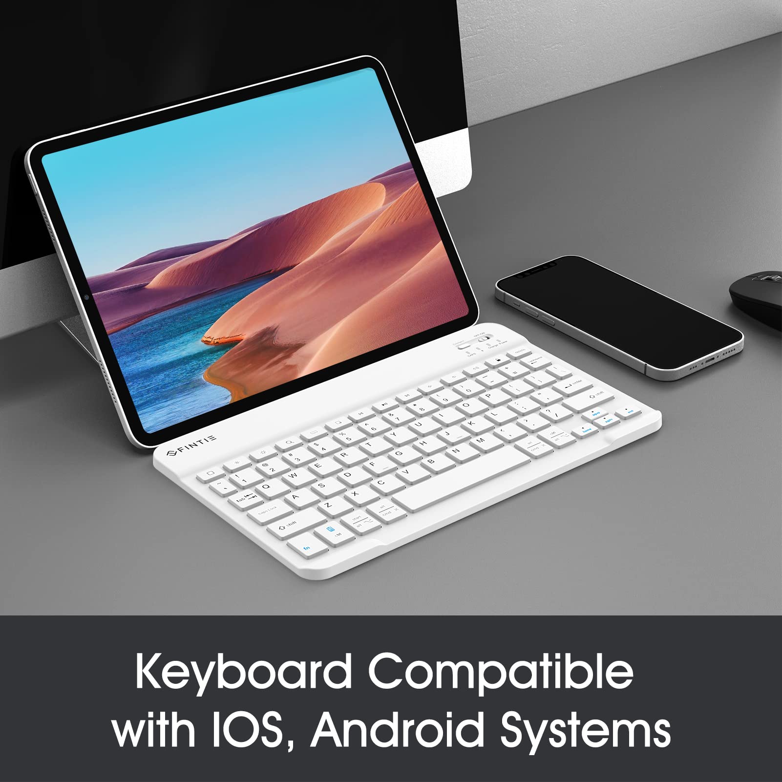 Fintie 10-Inch Ultra Thin Wireless Bluetooth Keyboard - Compatible with iPad, Samsung Tablet, iPhone, Android Devices - Slim Portable Design for iOS & Android - Perfect for Travel, Office & Home Use (White)