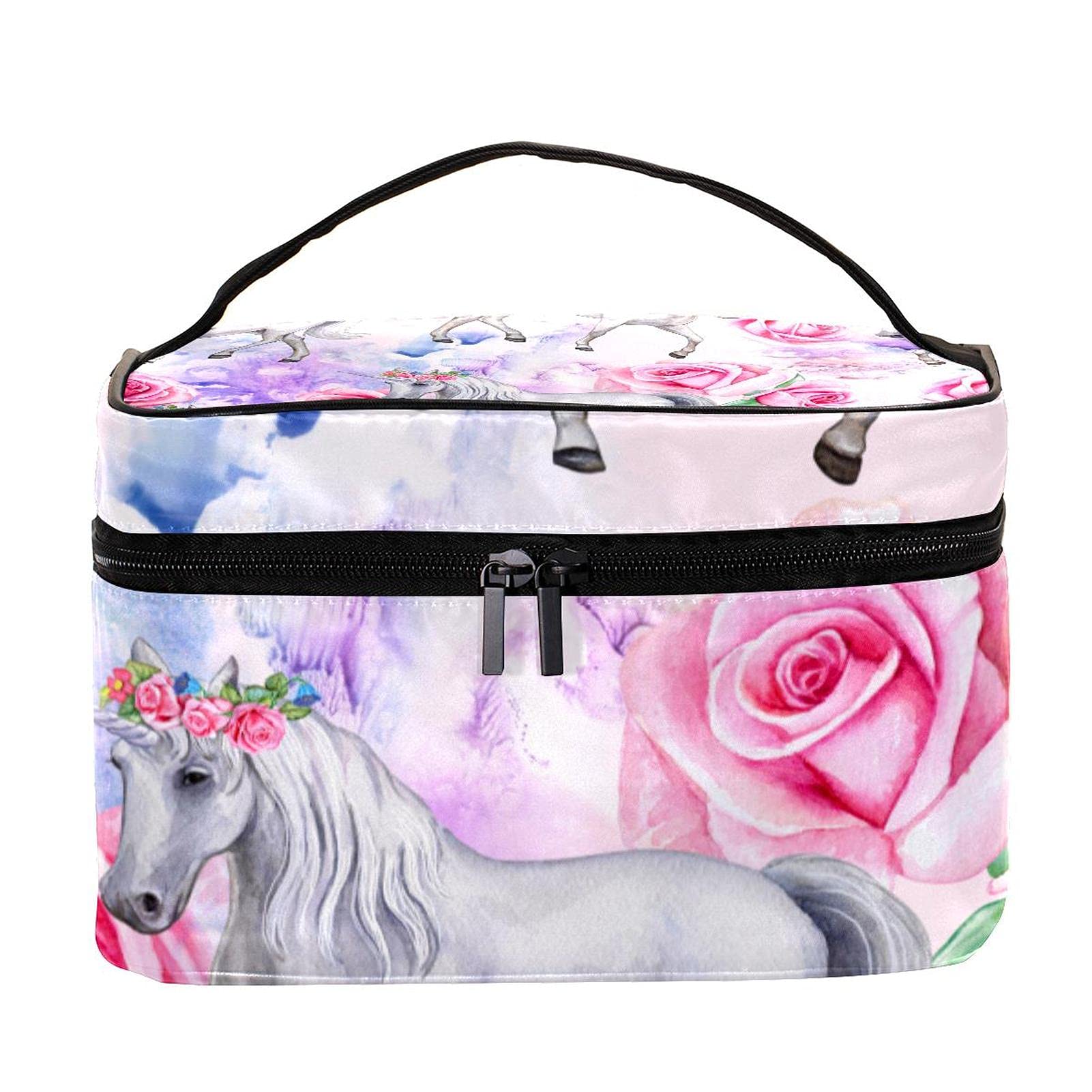 Unicorn Fairies Magic Rose Floral Travel Makeup Bag - Large Cosmetic Organizer with Zipper for Women & Girls - Perfect for Travel, Gym, and Daily Beauty Storage