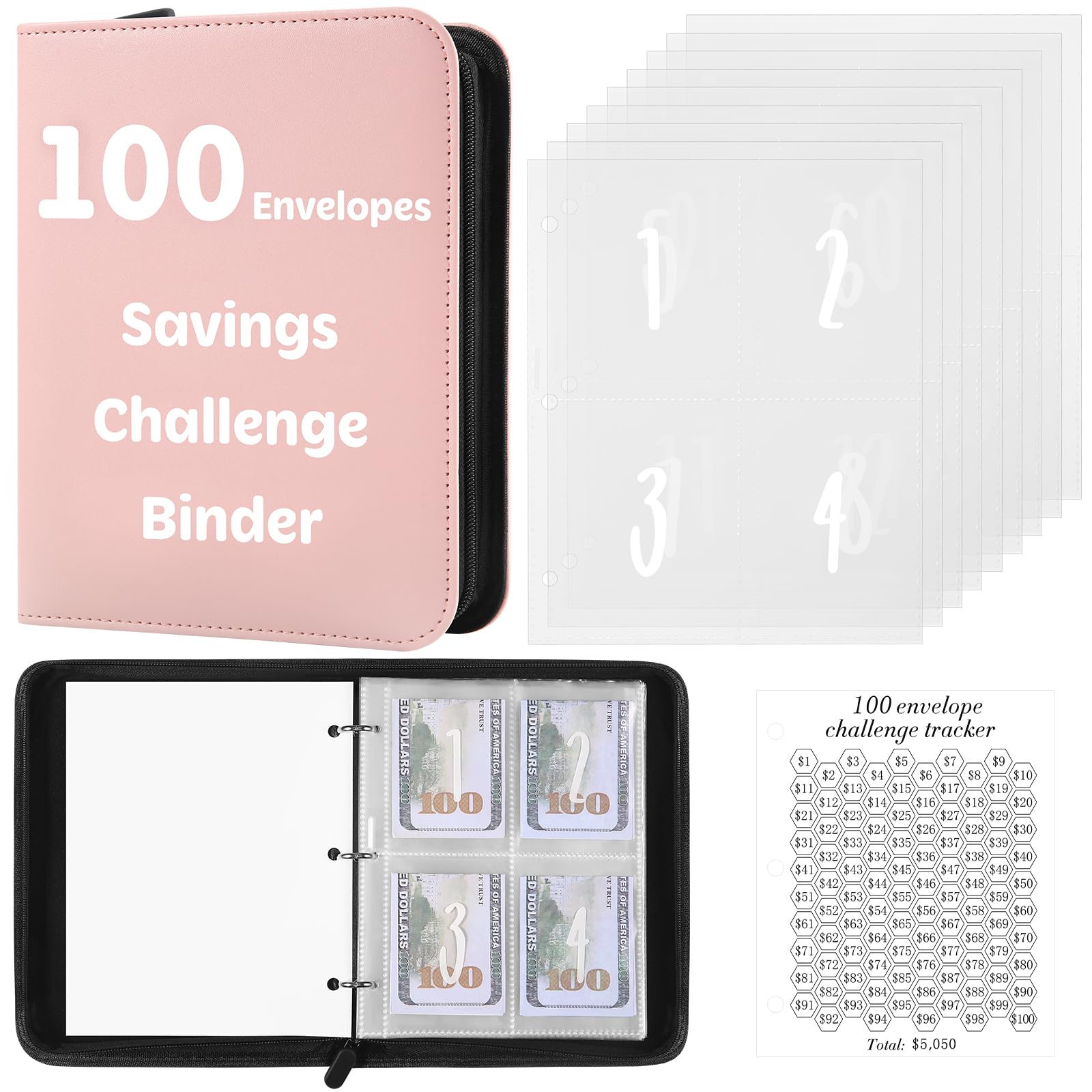 100 Envelopes Money Saving Challenge Binder with Laminated Tracker - Budget Organizer with Cash Envelopes & Zippered Savings Book to Save $5,050 (Pink) - Perfect for Personal Finance, Cash Budgeting & Debt Payoff Goals