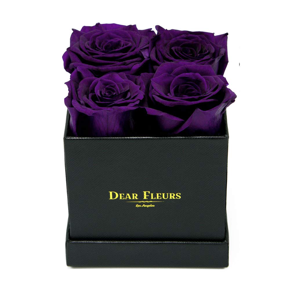 Eternal Preserved Roses in Square Box - Real Roses That Last 1 Year - Purple Rose Gift in Black Leather Box for Anniversary, Valentine's Day & Home Decor