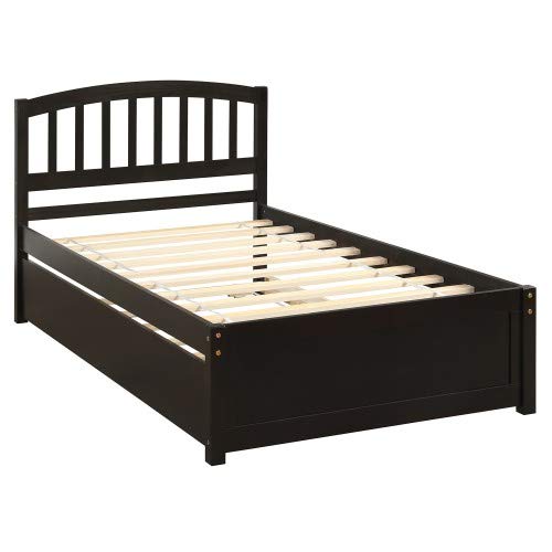 Platform Twin Bed Frame with Storage, Trundle & Headboard - Espresso Wood | Space-Saving Bed for Kids, Guest Rooms & Small Apartments