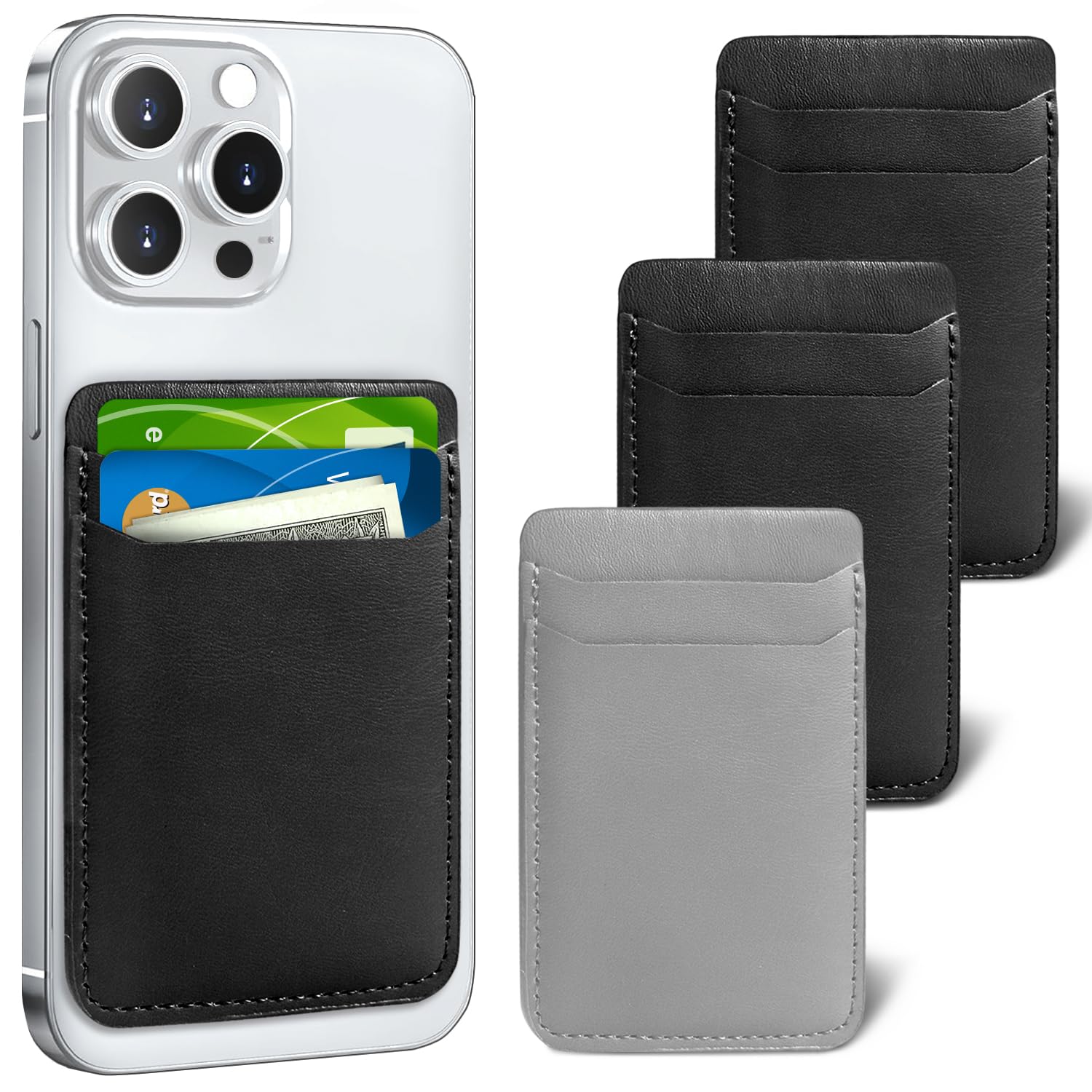 3 Pack Leather Stick-On Phone Card Holder - Slim Wallet for iPhone, Samsung & Android - Black & Grey - Perfect for Hands-Free Shopping, Travel & Daily Essentials
